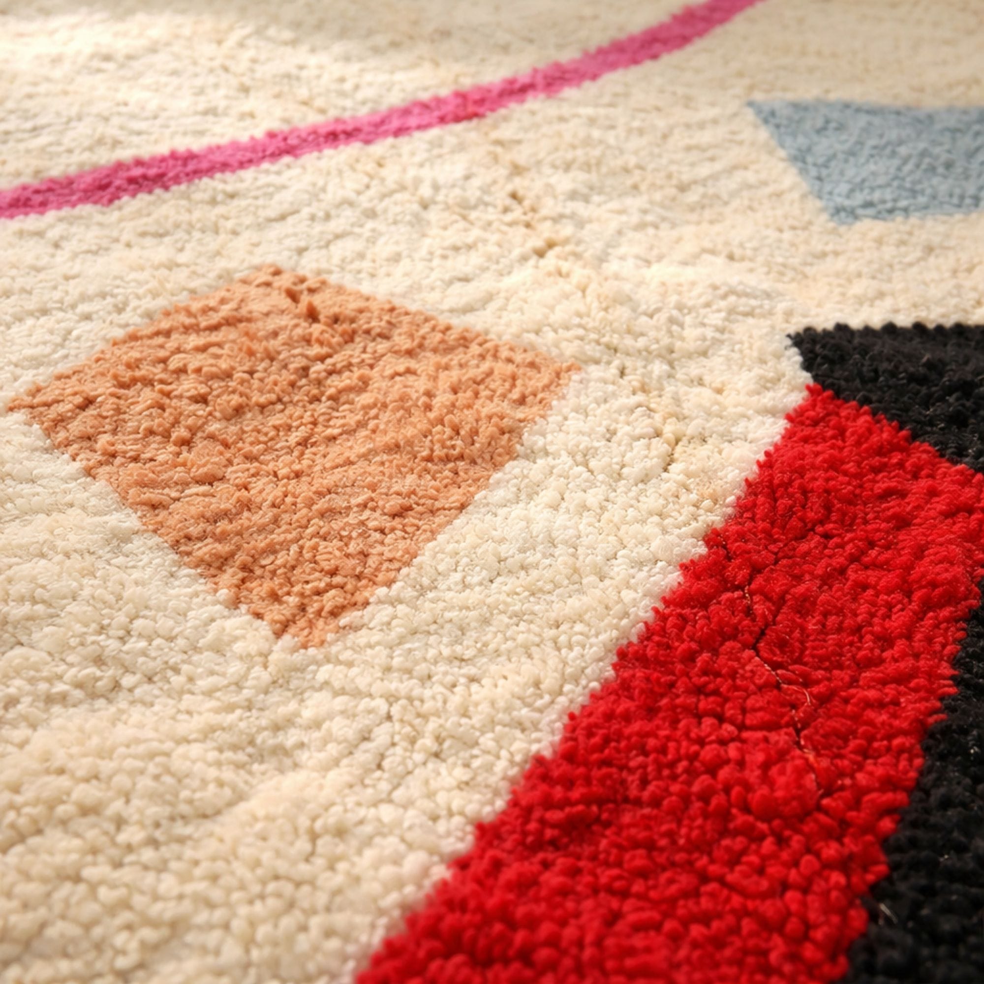 Modern Moroccan Art Rug - Red and Pink Geometry - Azilal Moroccan rug in Ivory color, 244 x 305 cm