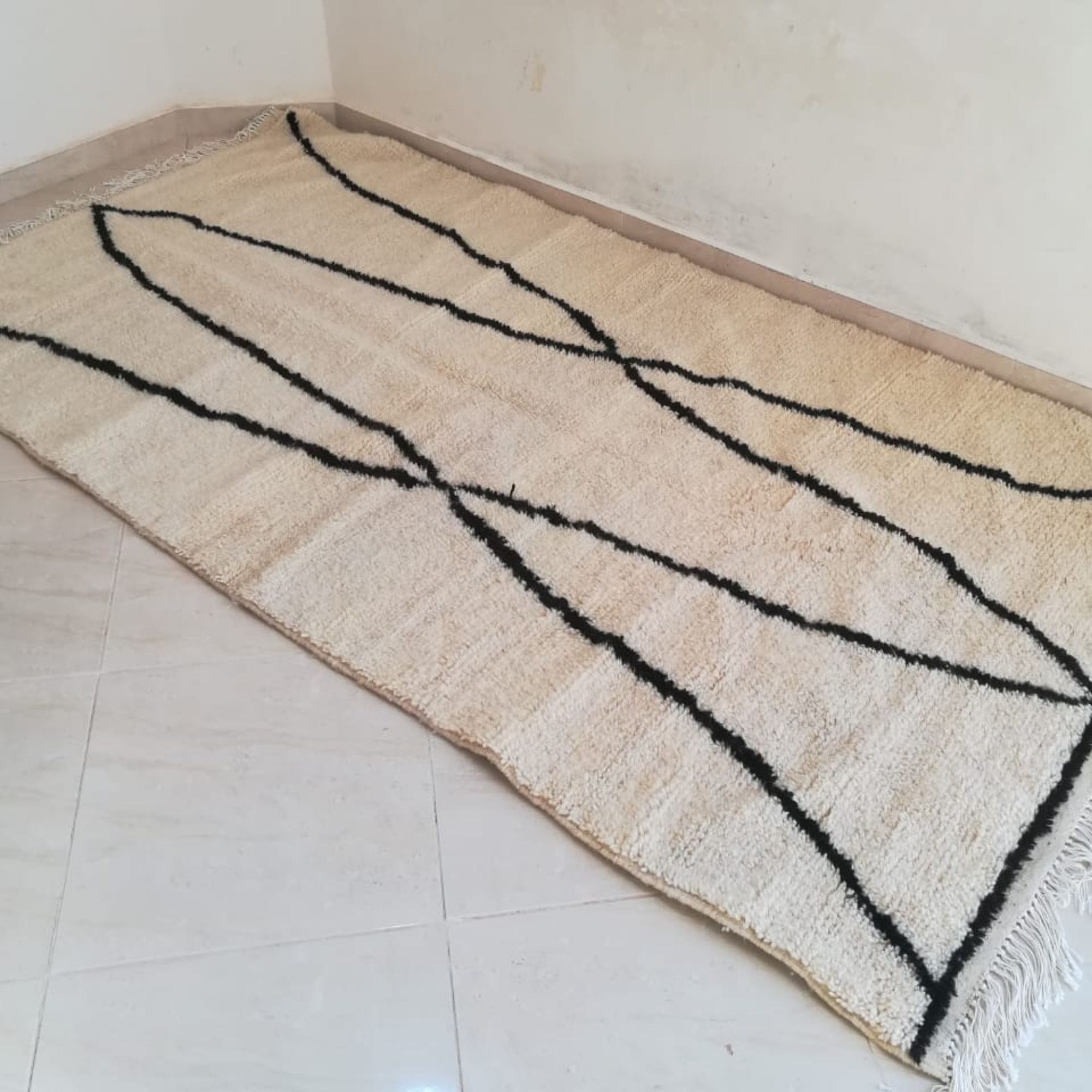 Minimalist Moroccan Wool Rug - Sculptural Black Loops - Beni Ourain Moroccan rug in Ivory color, 244 x 305 cm