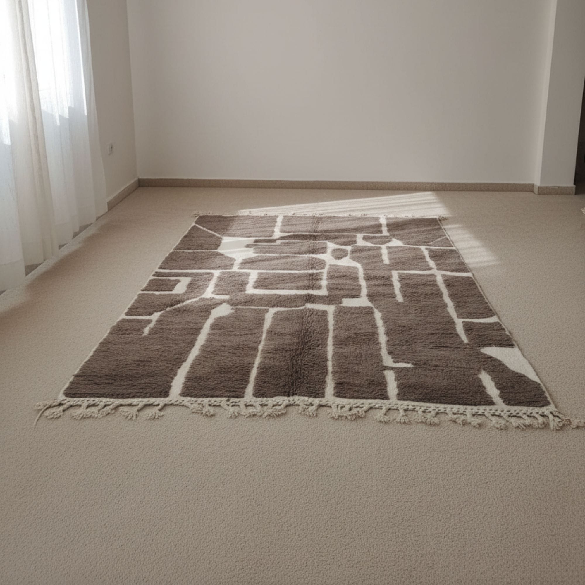 Gray Moroccan Mrirt Rug - Abstract Wool Blocks - Mrirt Moroccan rug in Sand color, 244 x 305 cm