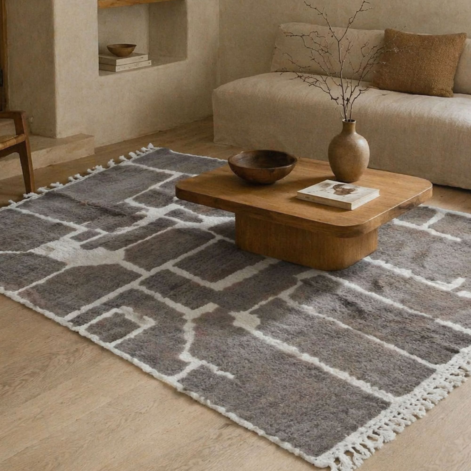 Taupe Moroccan Wool Rug - Architectural Patchwork - Mrirt Moroccan rug in Sand color, 244 x 305 cm