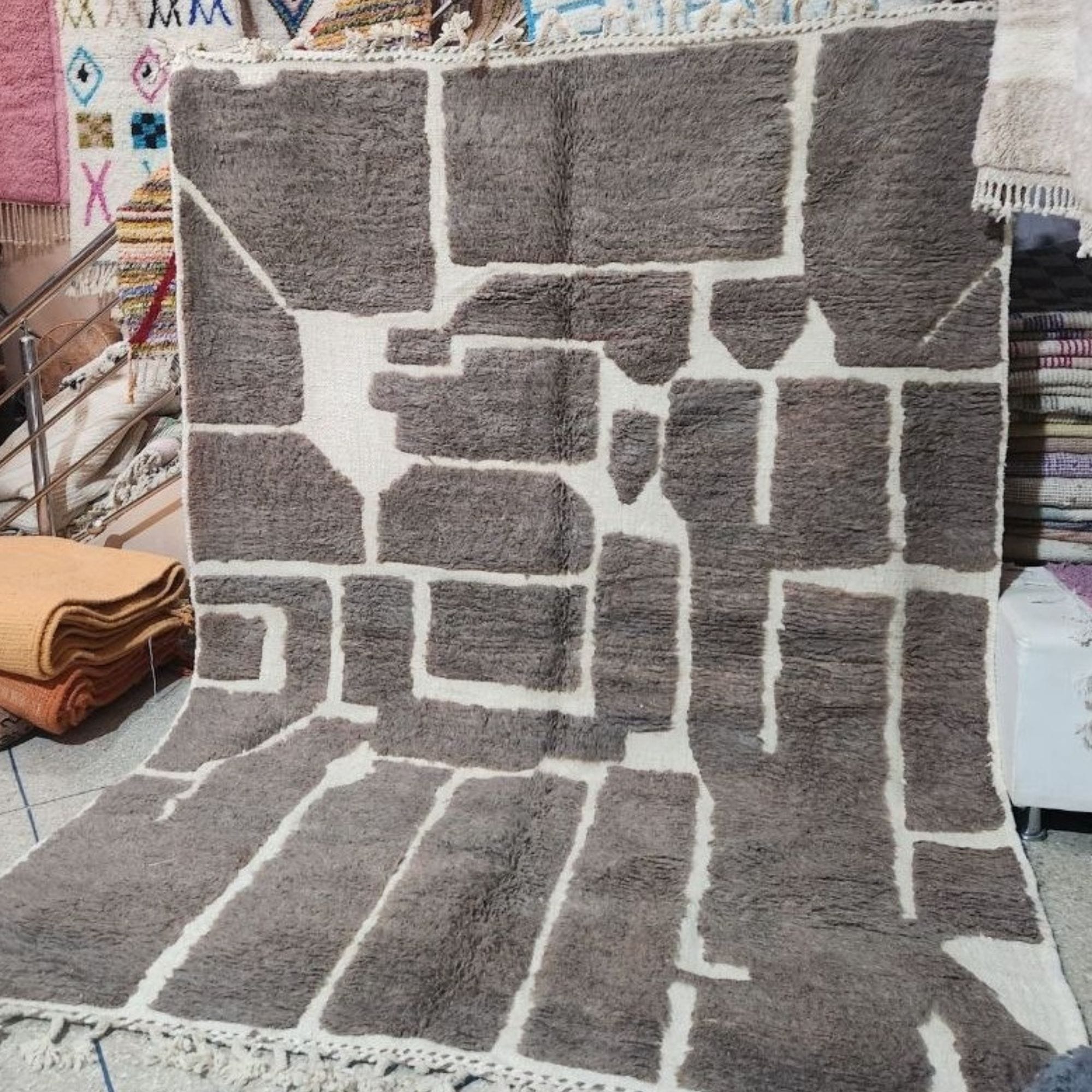 Taupe Moroccan Wool Rug - Architectural Patchwork - Mrirt Moroccan rug in Sand color, 244 x 305 cm