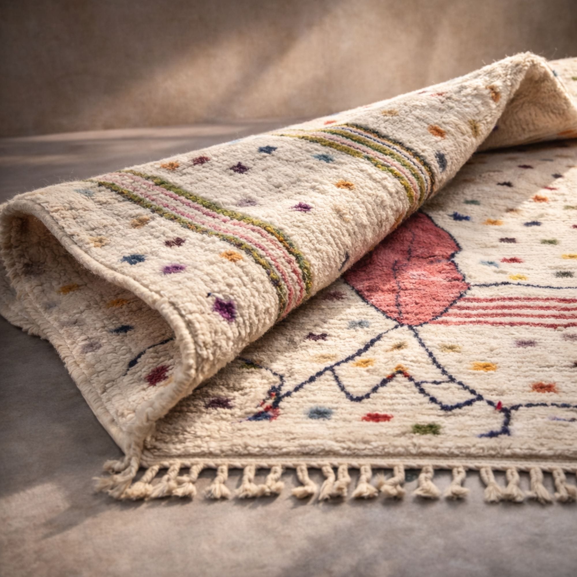 Colorful Moroccan Wool Rug - Handmade Azilal Carpet - Azilal Moroccan rug in Ivory color, 244 x 305 cm