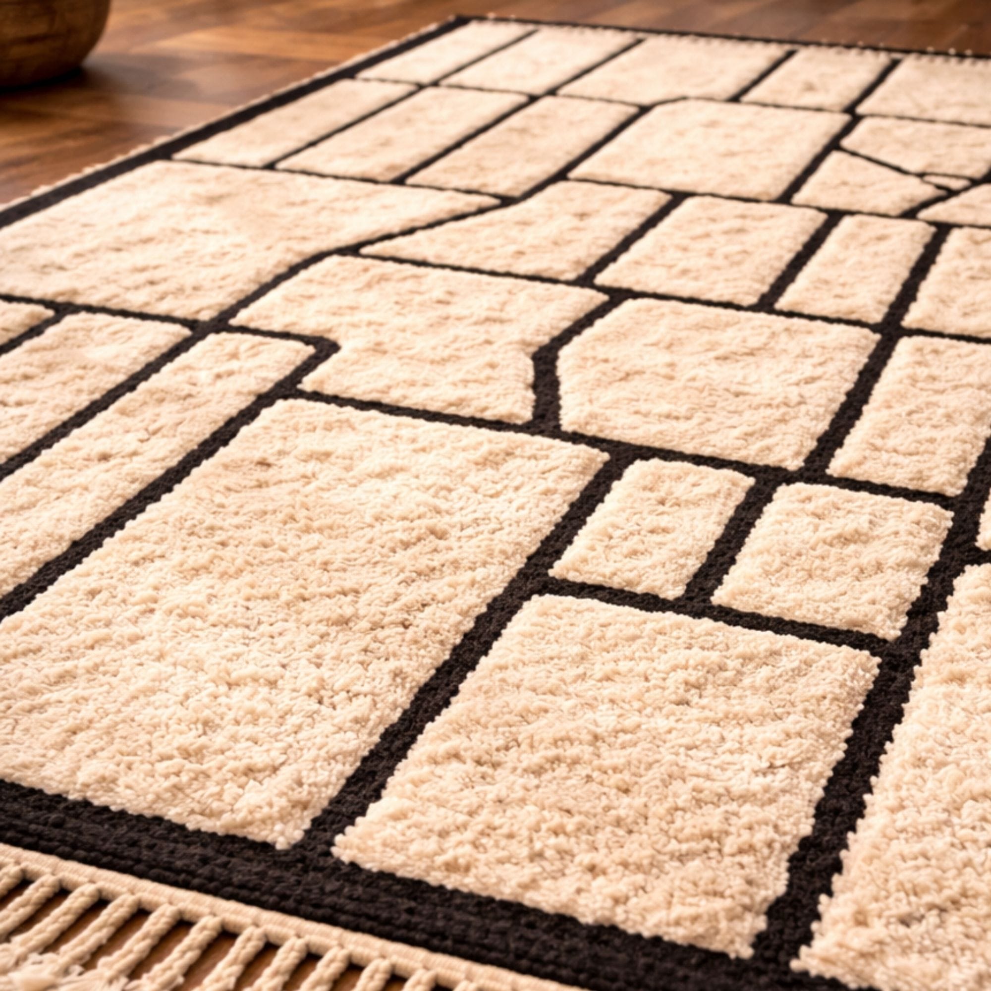 Geometric Moroccan Wool Rug - Bold Black Grid - Mrirt Moroccan rug in Ivory color, 244 x 305 cm