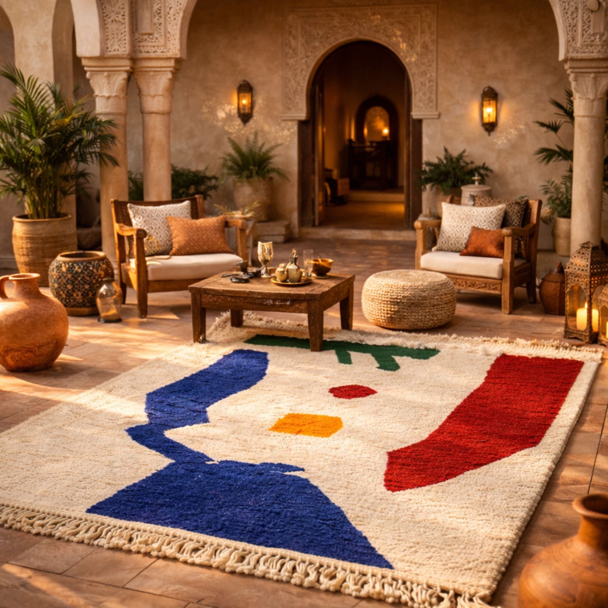 Abstract Moroccan Wool Rug - Colorful Face Design - Azilal Moroccan rug in Ivory color, 244 x 305 cm