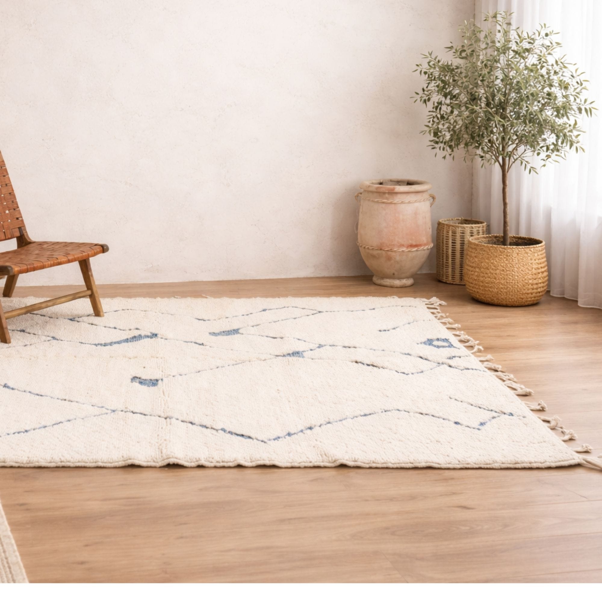 Minimalist Moroccan Wool Rug - Blue Geometric Lines - Azilal Moroccan rug in Ivory color, 244 x 305 cm