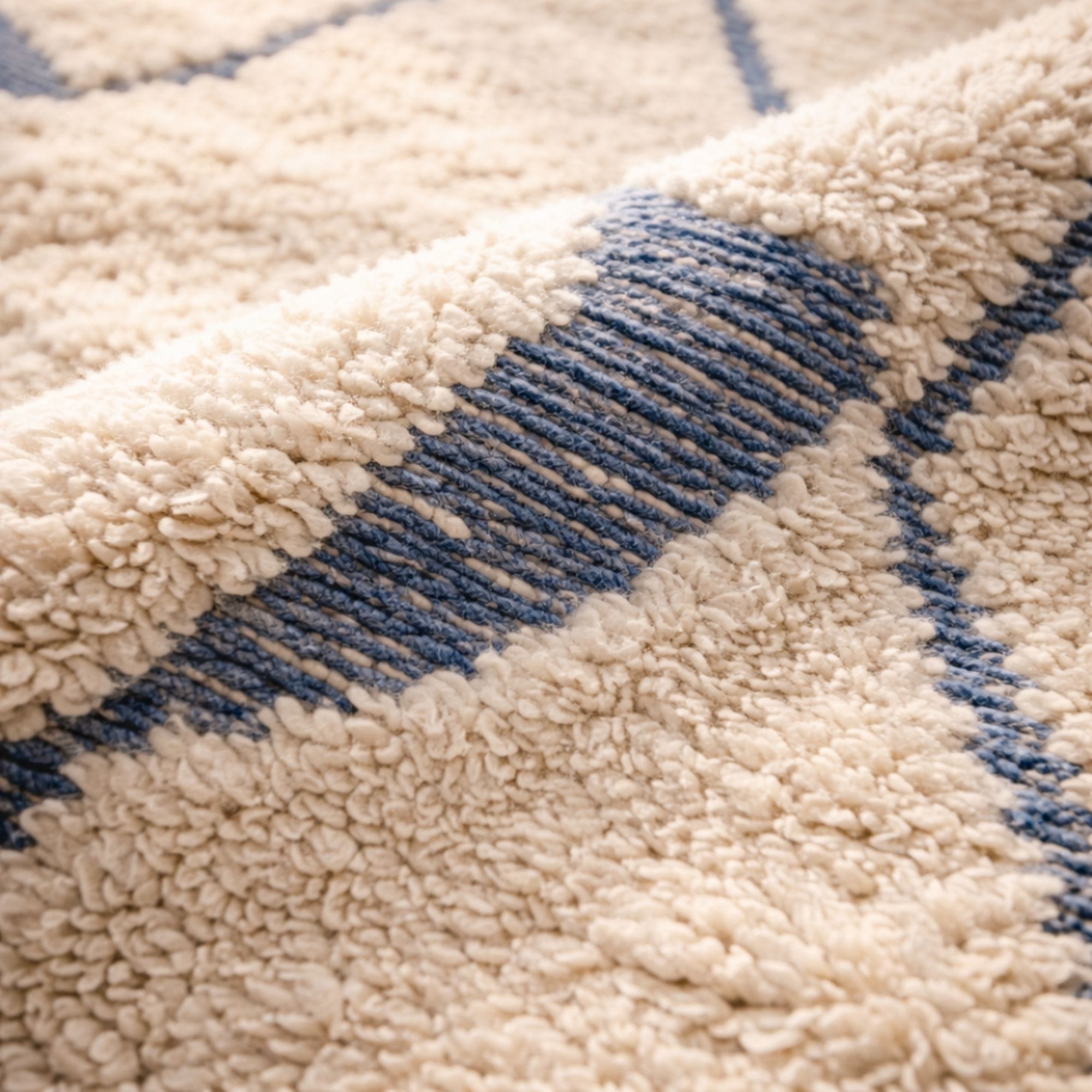 Modern Moroccan Area Rug - Abstract Blue Diamonds - Azilal Moroccan rug in Ivory color, 183 x 274 cm