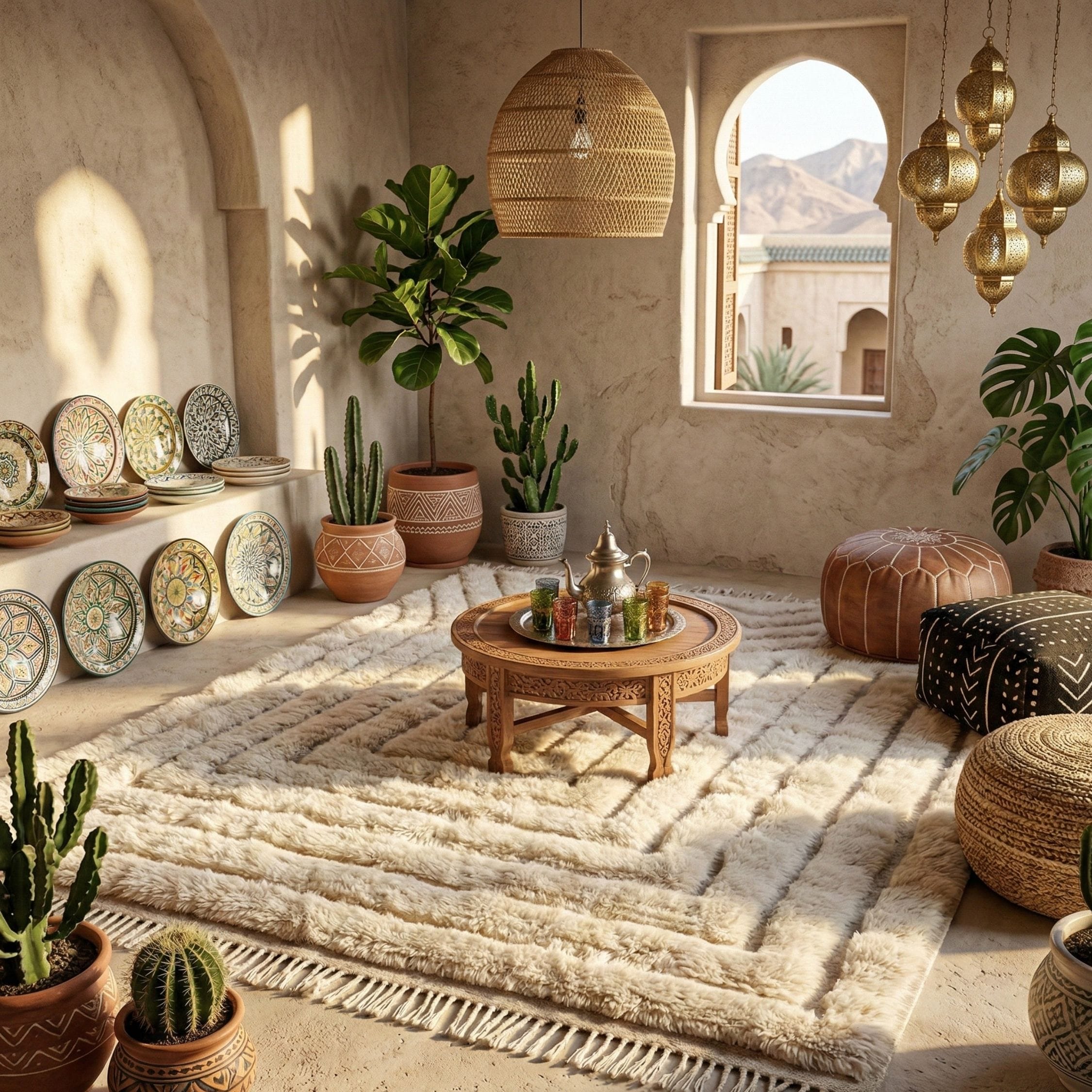 Sculpted Moroccan Wool Rug - Raised Linear Design - Mrirt Moroccan rug in Ivory color, 244 x 305 cm