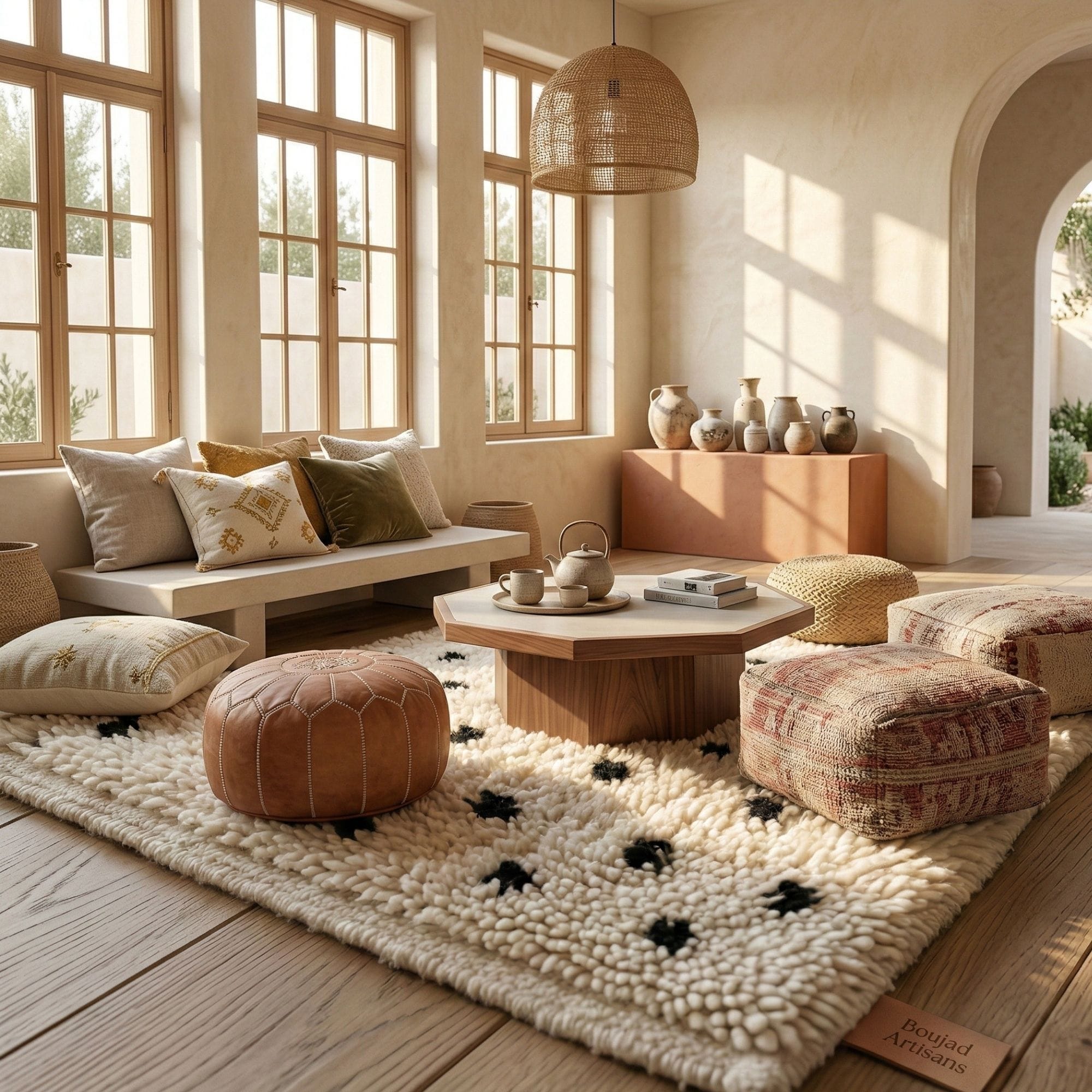 Modern Black and Ivory Rug - Plush Moroccan Wool - Beni Ourain Moroccan rug in Ivory color, 183 x 274 cm