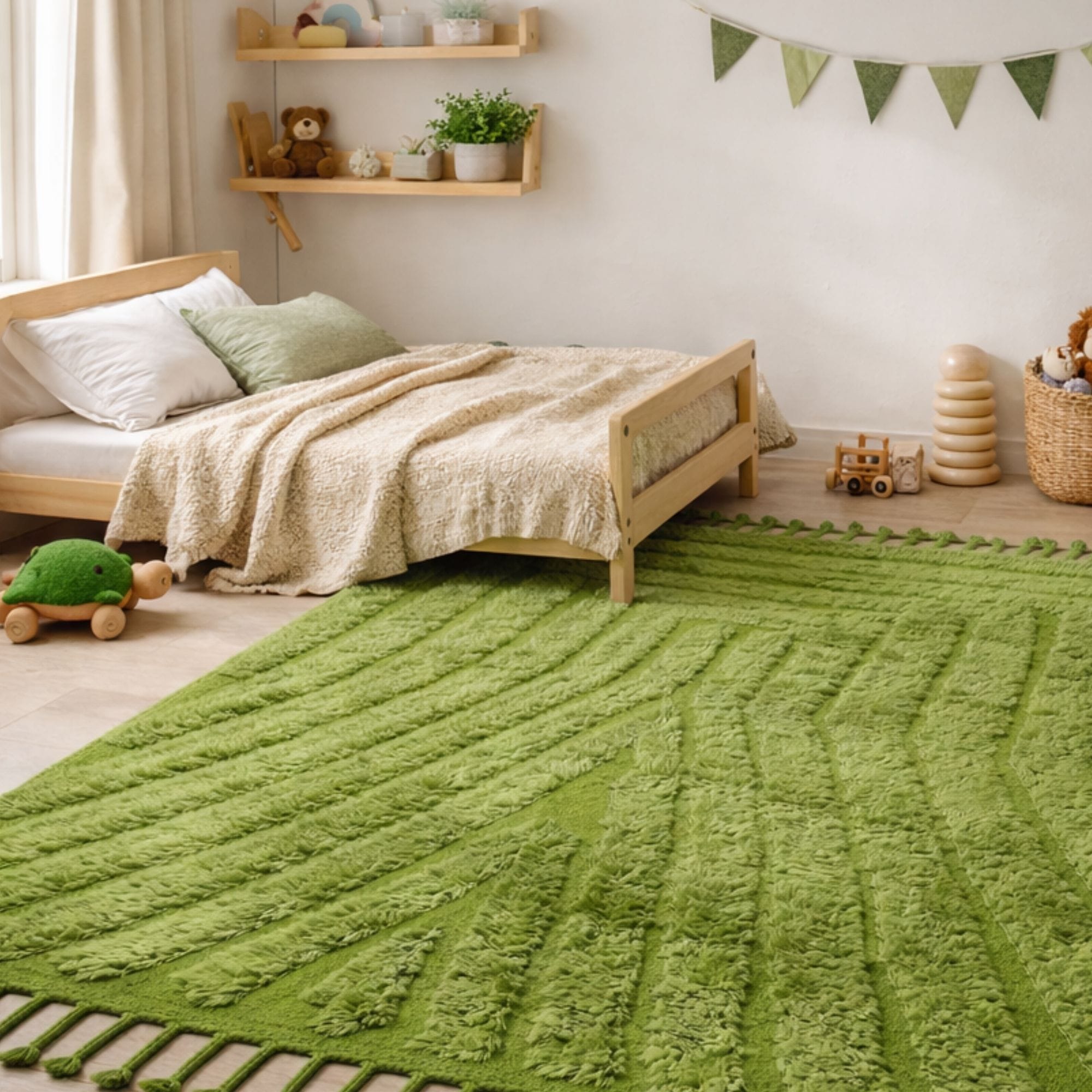 Modern Green Moroccan Rug - Raised Geometric Lines - Mrirt Moroccan rug in Ivory color, 244 x 305 cm