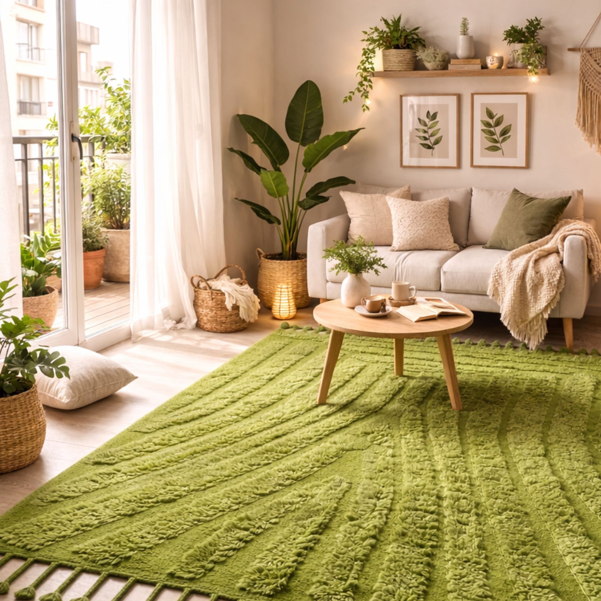 Handwoven Mrirt Rug - Monochrome Green Wool - Mrirt Moroccan rug in Ivory color, 183 x 274 cm