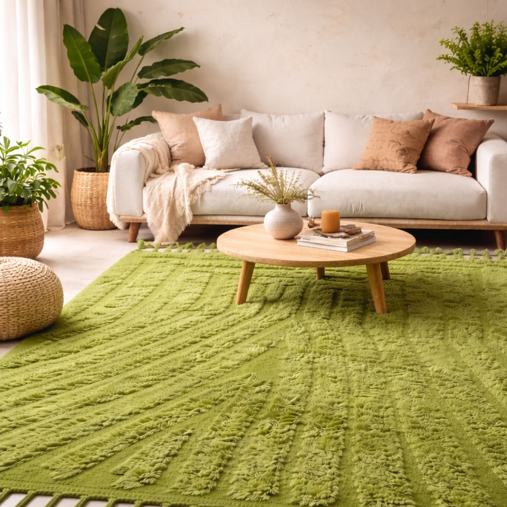 Sculpted Green Wool Rug - Moroccan Geometric Design - Mrirt Moroccan rug in Ivory color, 183 x 274 cm