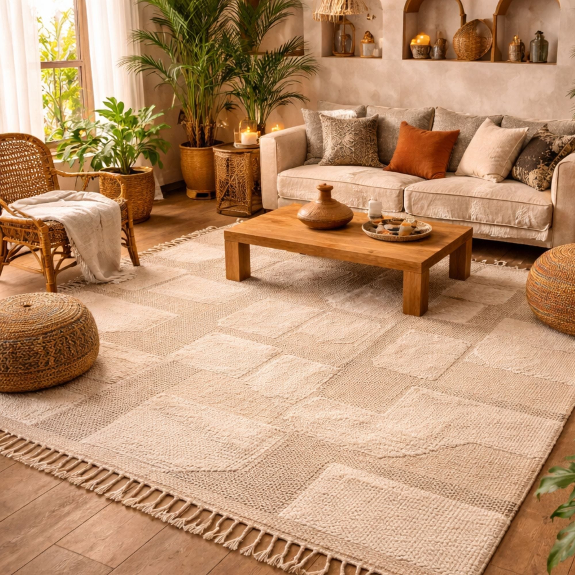 Neutral Moroccan Wool Rug - Sculpted Geometric Texture - Hand-knotted Moroccan rug, front view showing Neutral Moroccan Wool Rug - Sculpted Geometric Texture texture and colors