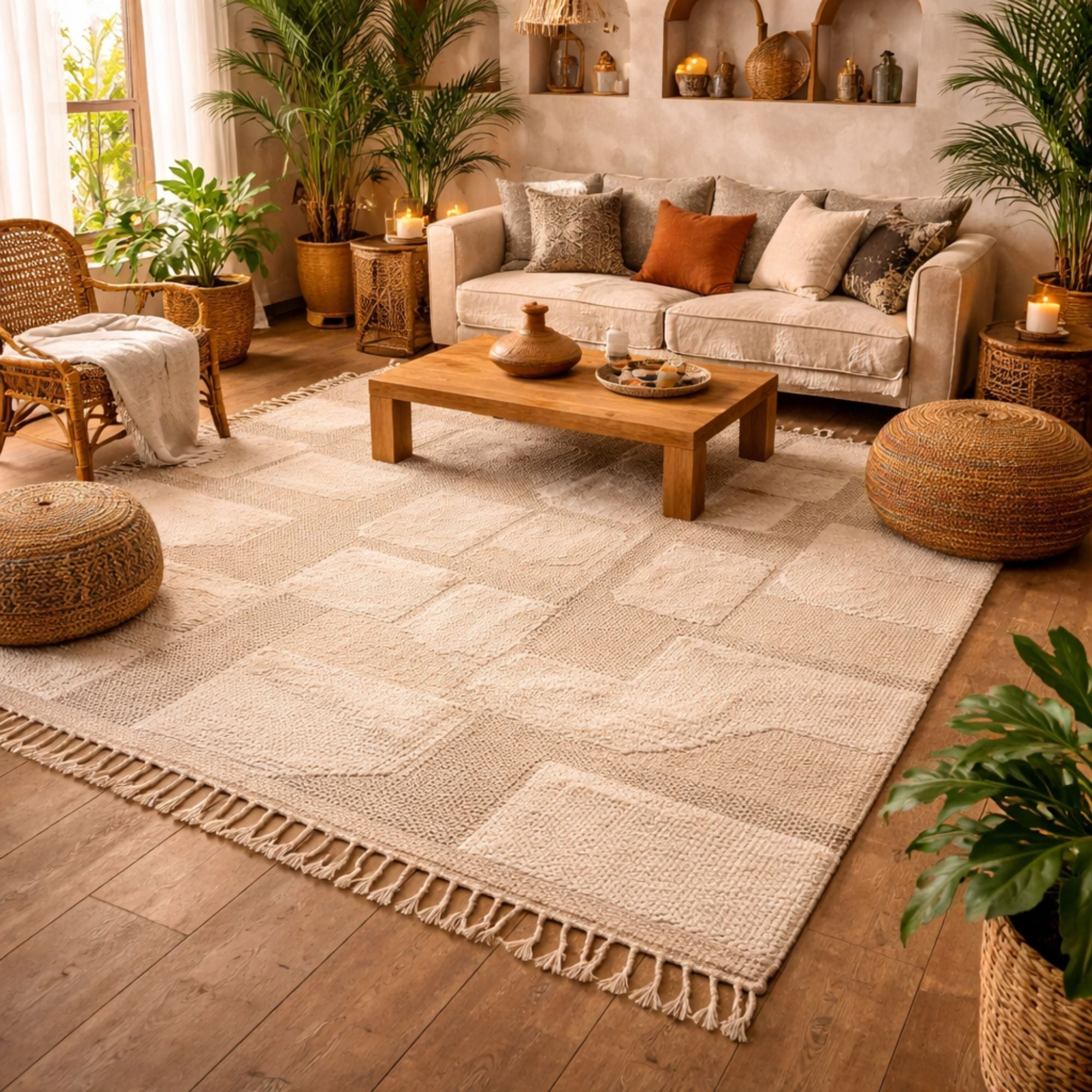 Handwoven Moroccan Rug - Beige Geometric Relief - Hand-knotted Moroccan rug, front view showing Handwoven Moroccan Rug - Beige Geometric Relief texture and colors