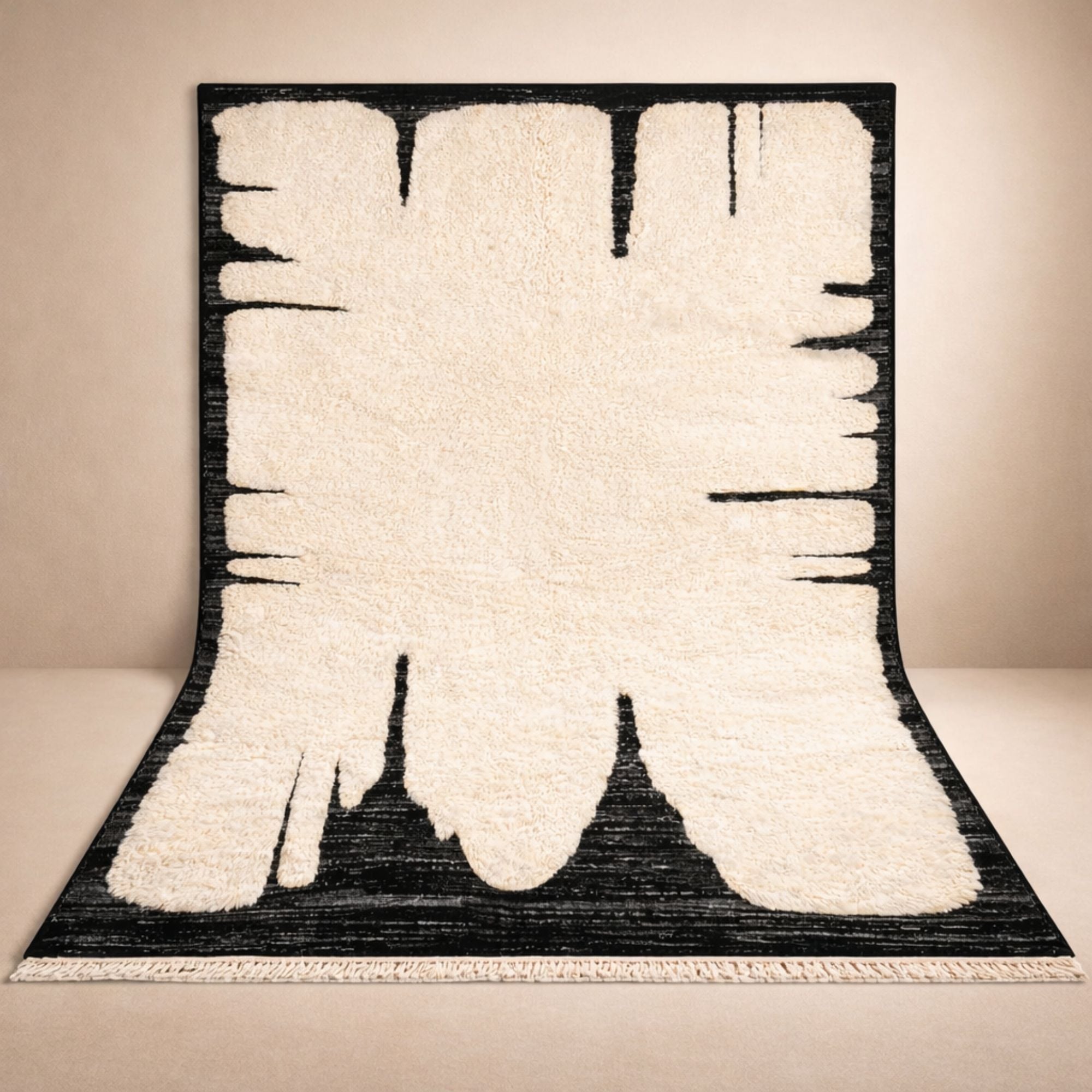 Abstract Mrirt Wool Rug - Ivory High-Low Design - Hand-knotted Moroccan rug, front view showing Abstract Mrirt Wool Rug - Ivory High-Low Design texture and colors