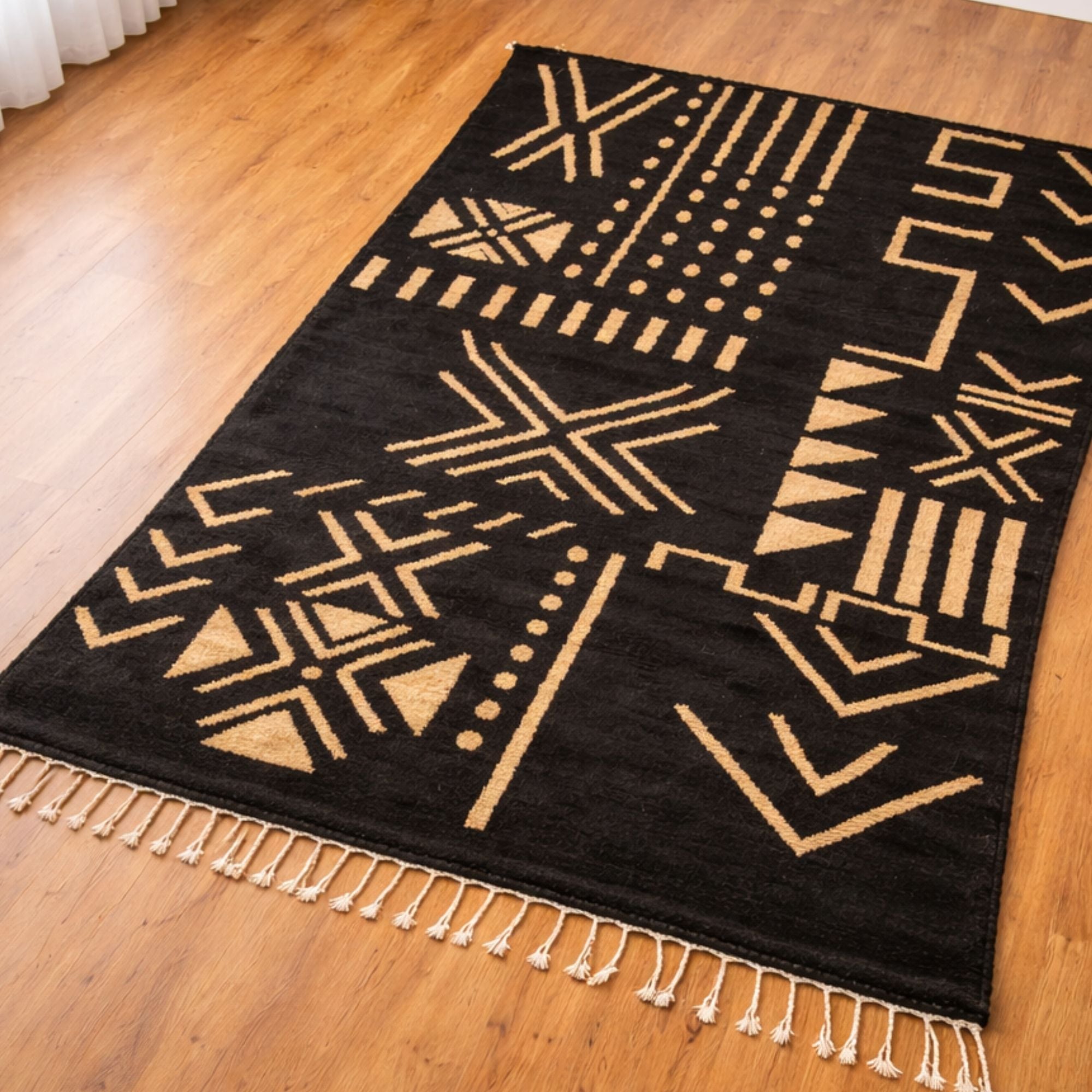 Black Moroccan Azilal Rug - Cream Amazigh Symbols - Hand-knotted Moroccan rug, front view showing Black Moroccan Azilal Rug - Cream Amazigh Symbols texture and colors