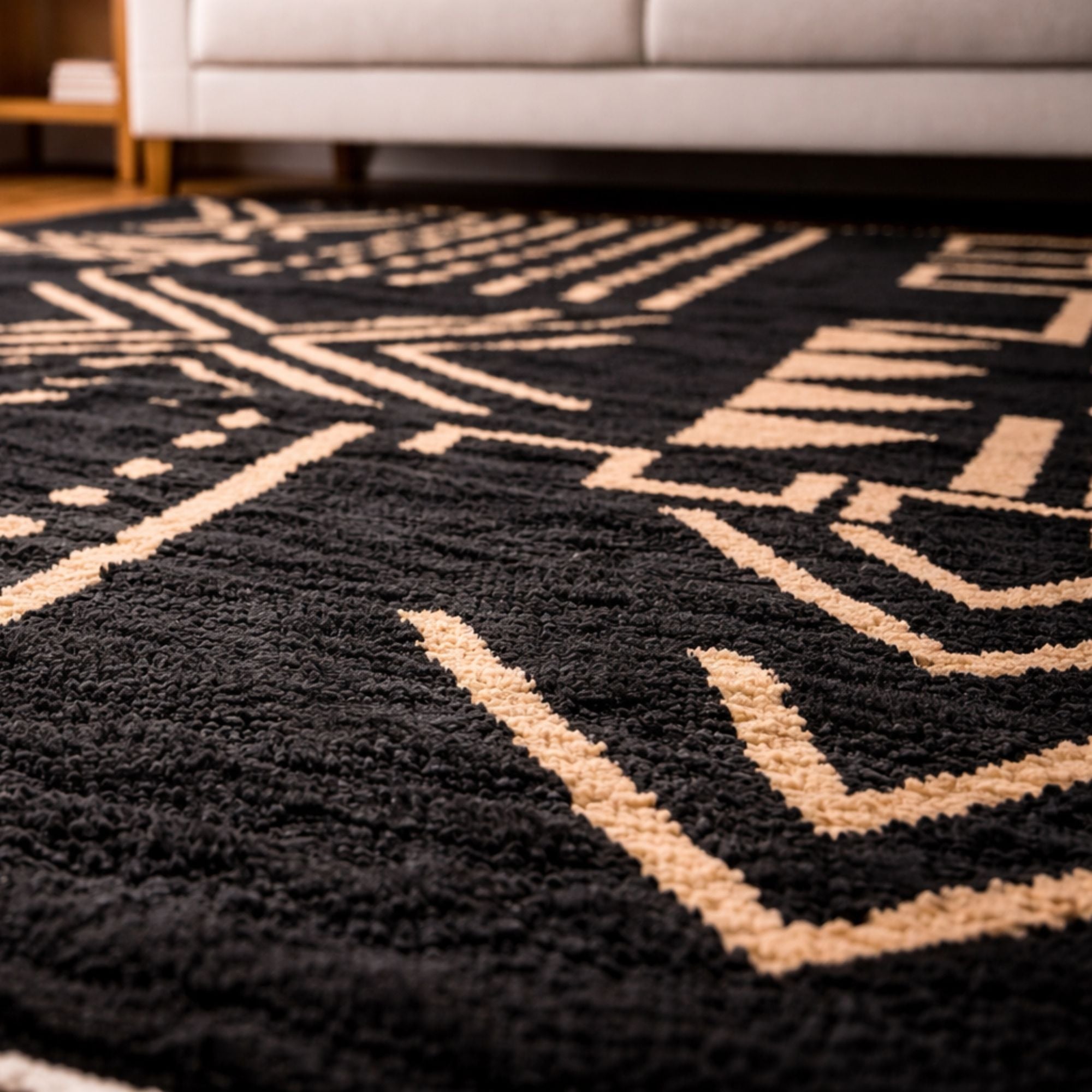 Modern Moroccan Area Rug - Bold Cream Geometry - Hand-knotted Moroccan rug, front view showing Modern Moroccan Area Rug - Bold Cream Geometry texture and colors