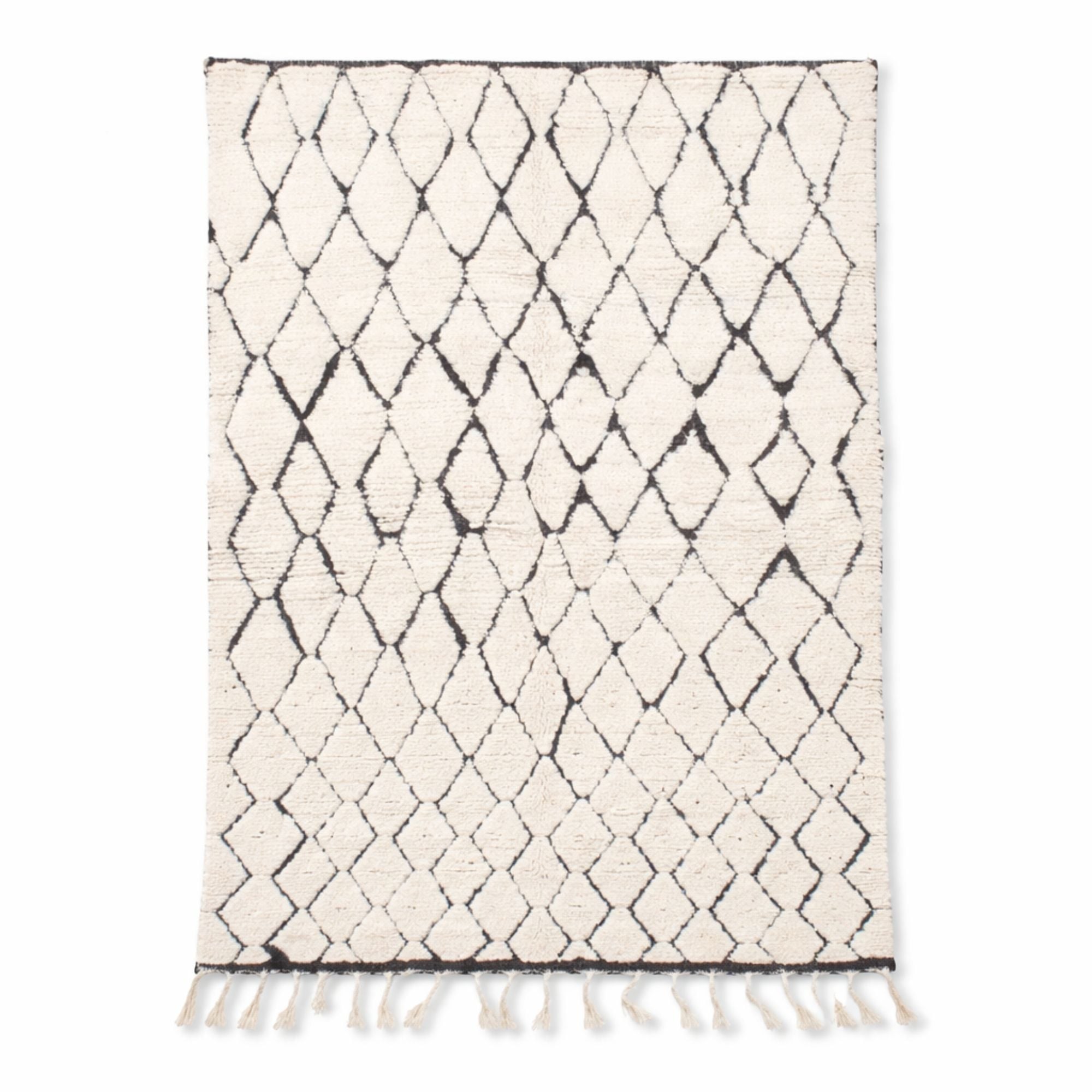 Black and Ivory Moroccan Rug - Irregular Diamonds - Hand-knotted Moroccan rug, front view showing Black and Ivory Moroccan Rug - Irregular Diamonds texture and colors