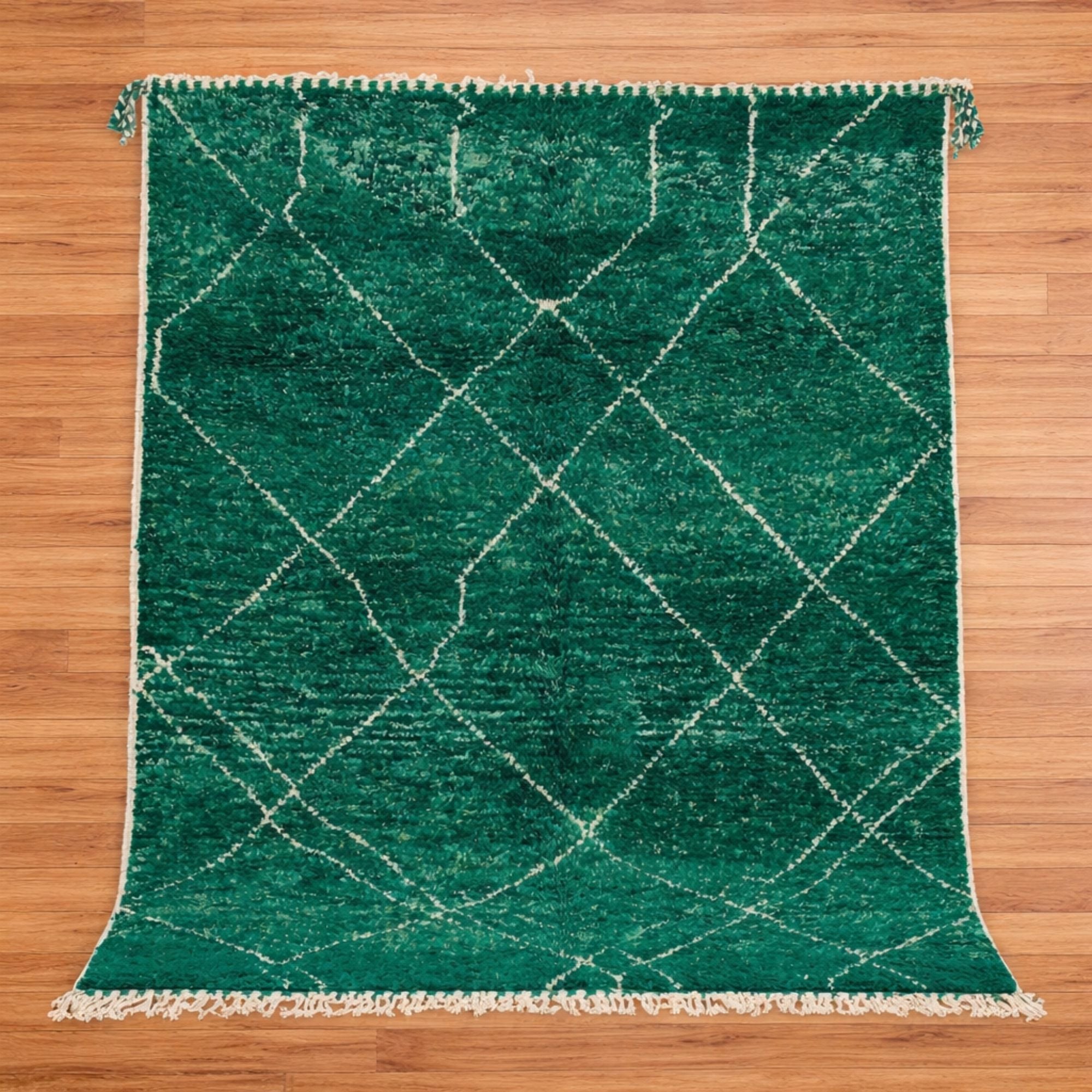 Emerald Green Beni Ourain Rug - Ivory Diamond Lattice - Hand-knotted Moroccan rug, front view showing Emerald Green Beni Ourain Rug - Ivory Diamond Lattice texture and colors