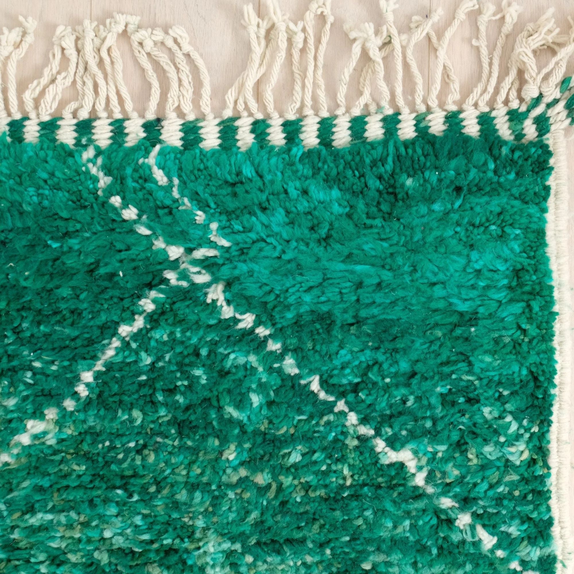 Green Moroccan Wool Rug - Handwoven Diamond Pattern - Hand-knotted Moroccan rug, front view showing Green Moroccan Wool Rug - Handwoven Diamond Pattern texture and colors