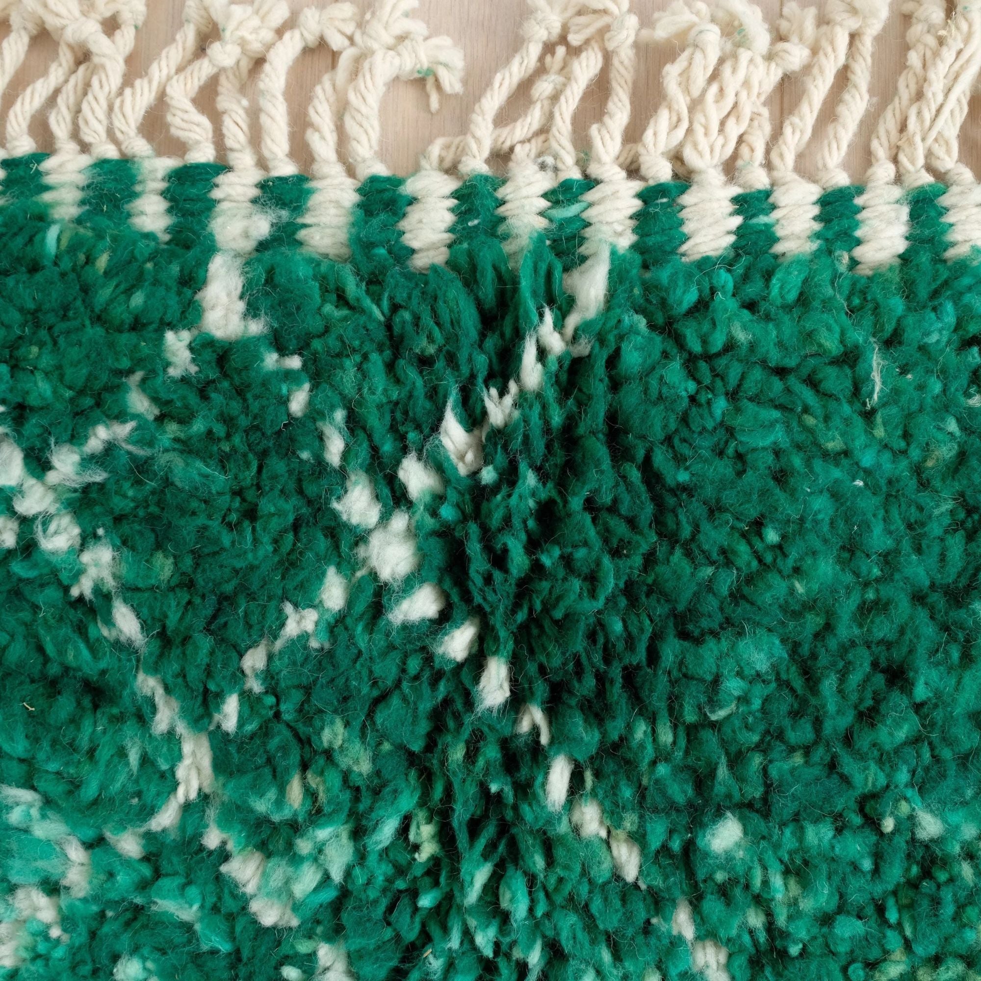 Modern Green Moroccan Area Rug - Plush Ivory Lattice - Hand-knotted Moroccan rug, front view showing Modern Green Moroccan Area Rug - Plush Ivory Lattice texture and colors