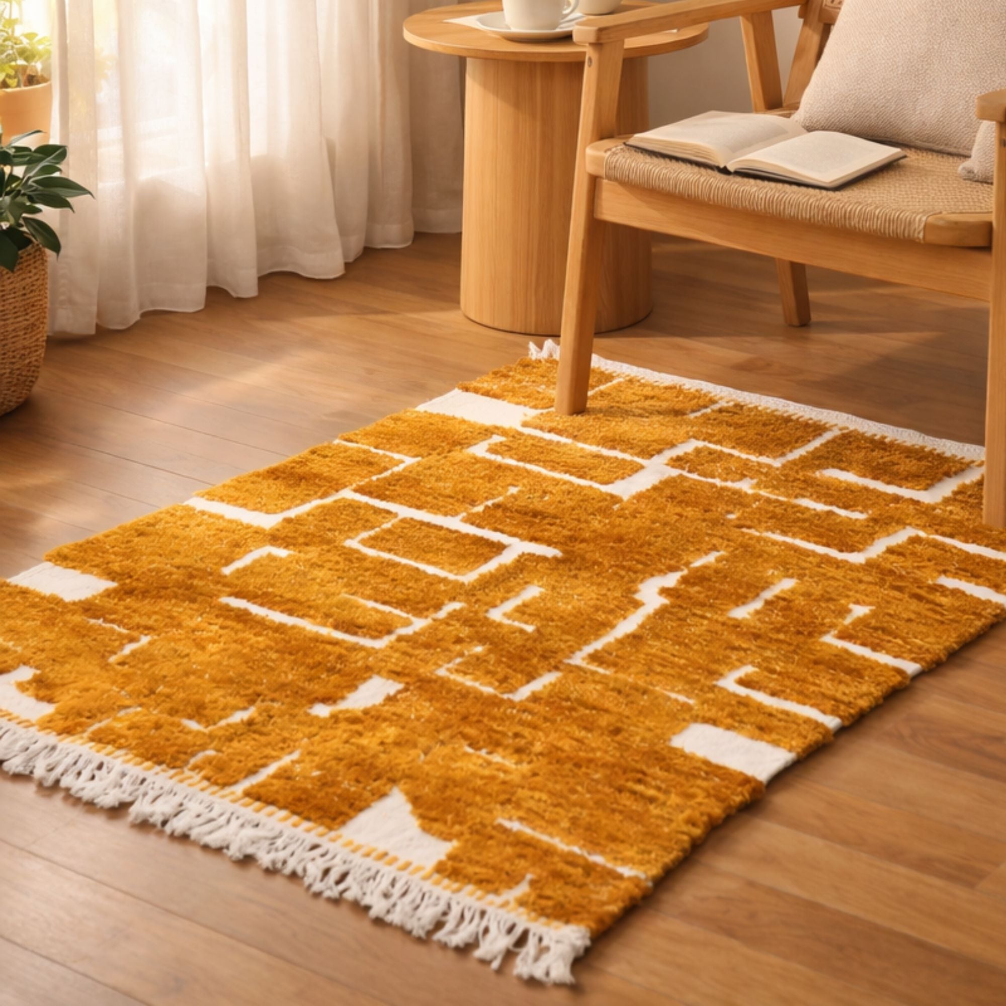 Golden Ochre Moroccan Rug - Maze-Inspired Pattern - Hand-knotted Moroccan rug, front view showing Golden Ochre Moroccan Rug - Maze-Inspired Pattern texture and colors