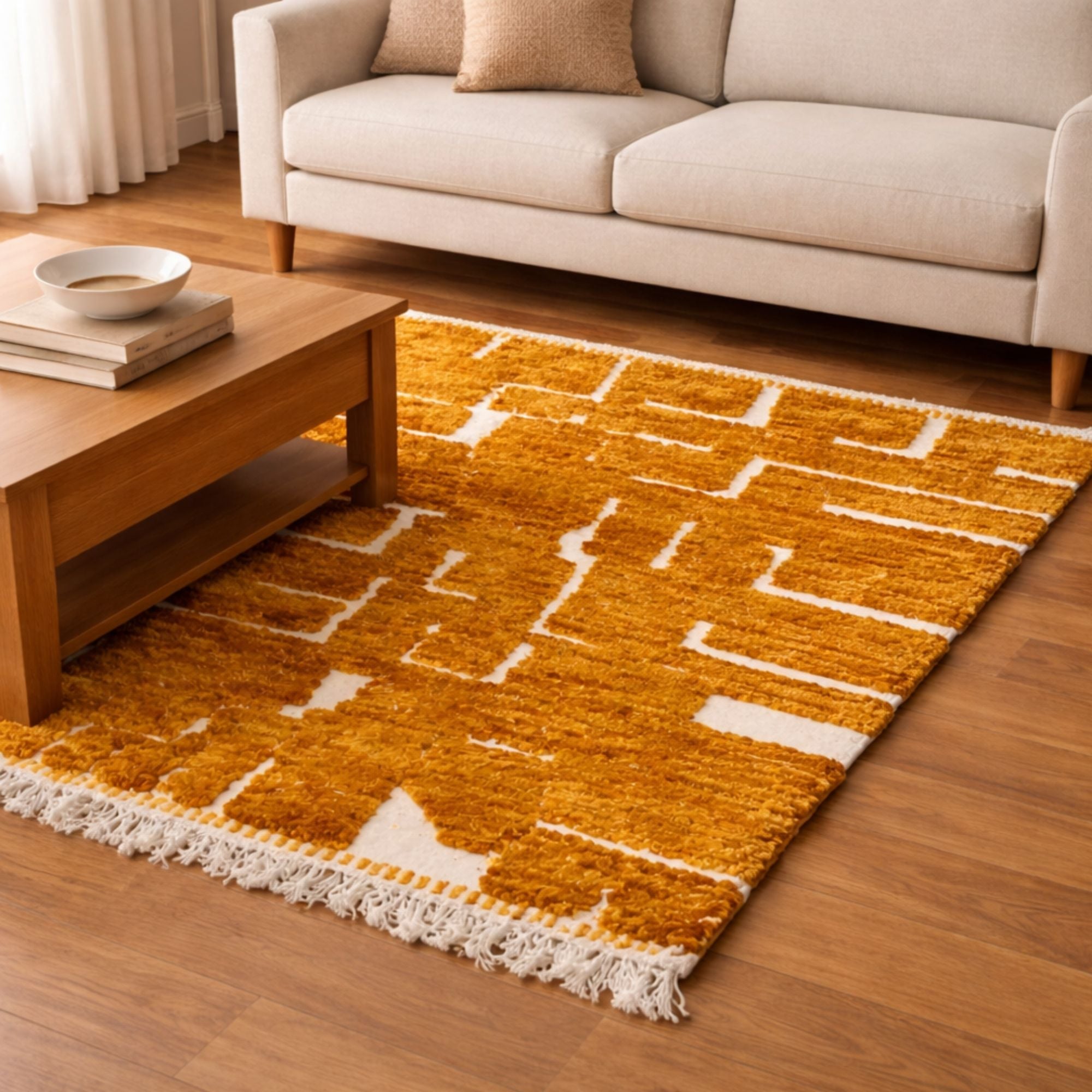 Handwoven Mrirt Rug - Mustard Geometric Blocks - Hand-knotted Moroccan rug, front view showing Handwoven Mrirt Rug - Mustard Geometric Blocks texture and colors