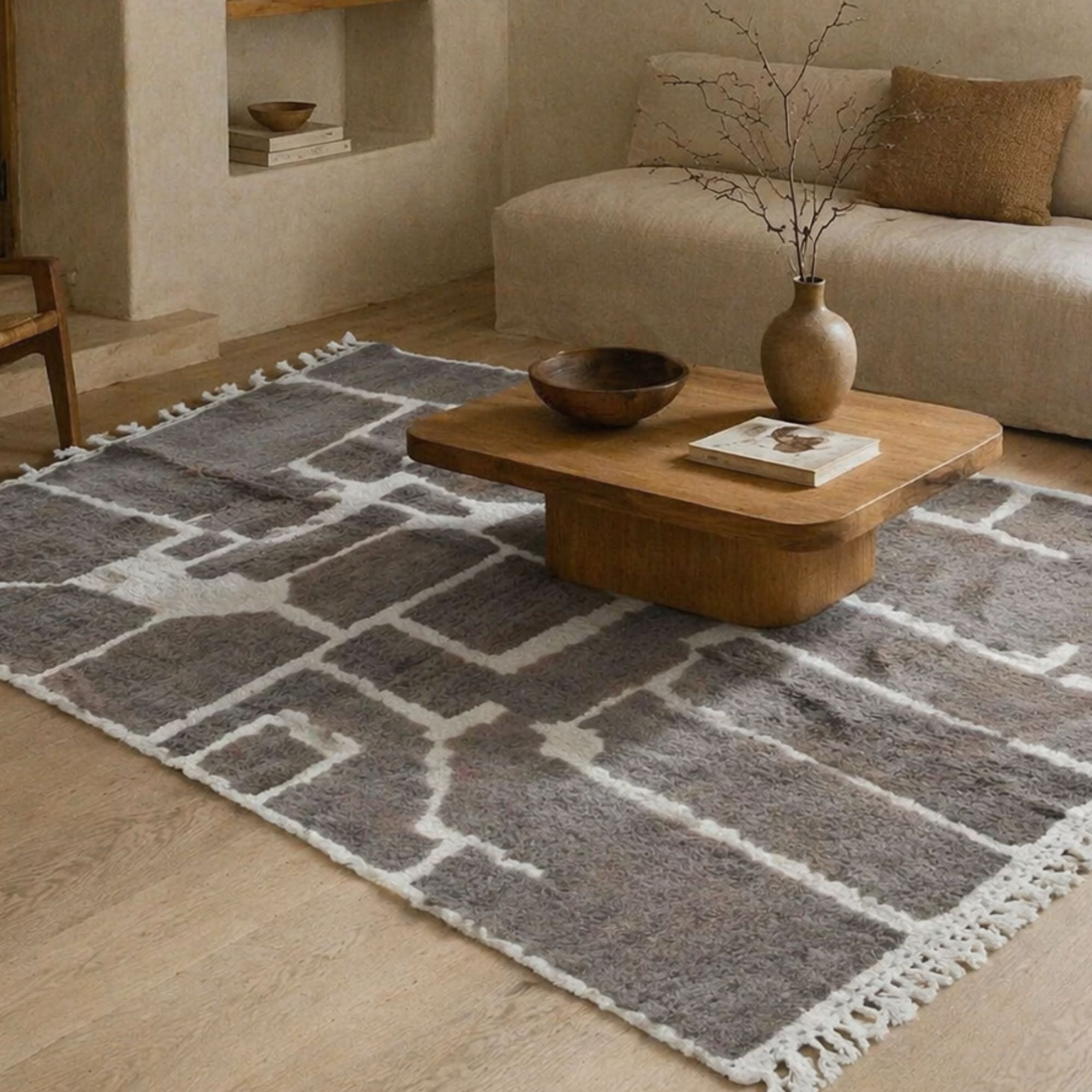 Taupe Moroccan Wool Rug - Architectural Patchwork - Hand-knotted Moroccan rug, front view showing Taupe Moroccan Wool Rug - Architectural Patchwork texture and colors