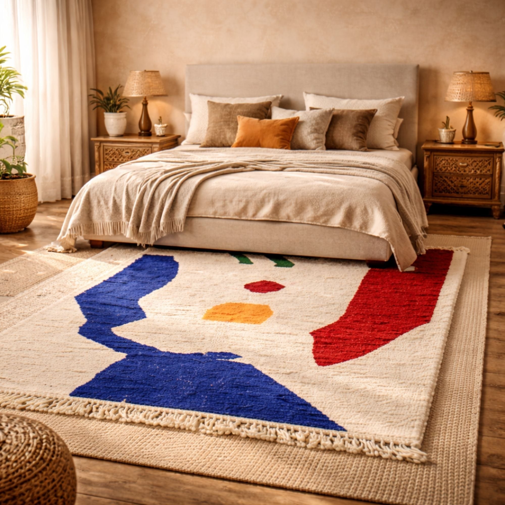 Moroccan Azilal Rug — Large Ivory — Hand-Knotted Wool - Hand-knotted Moroccan rug, front view showing Moroccan Azilal Rug — Large Ivory — Hand-Knotted Wool texture and colors