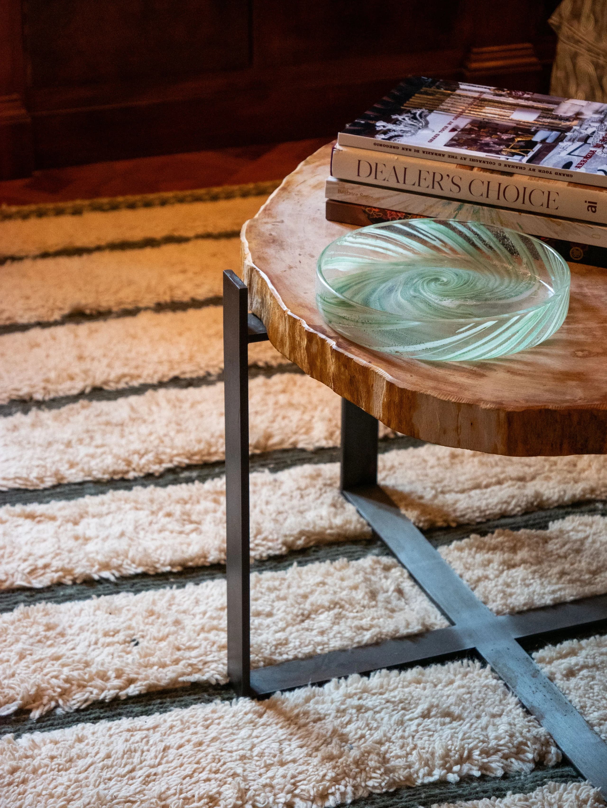 Elegant living room with artisan rug and natural materials