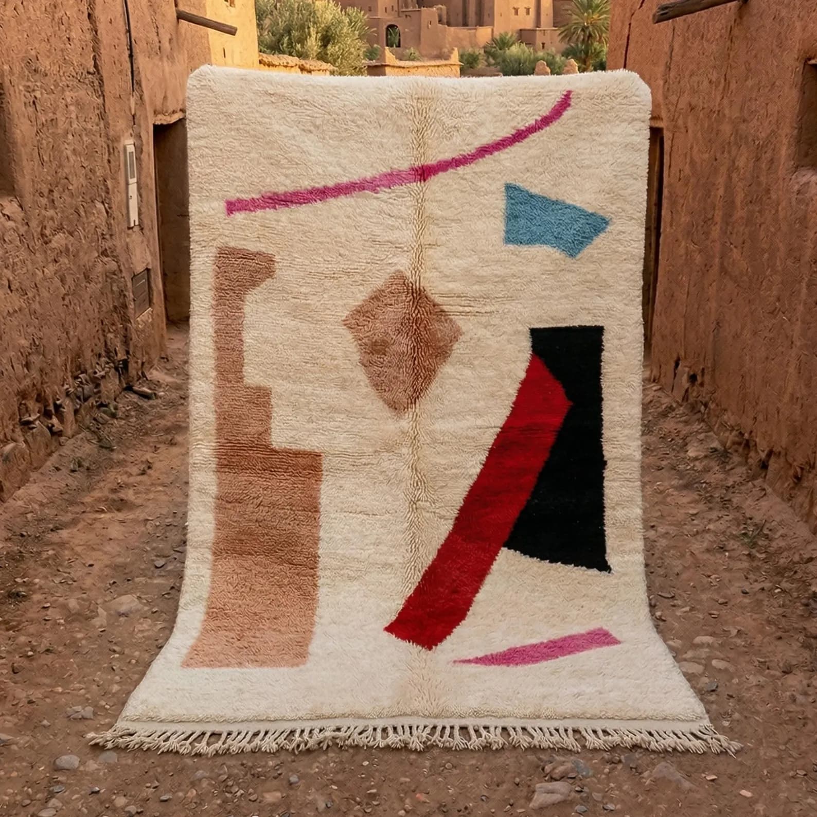 Beni Ourain rug with cream wool and diamond motifs