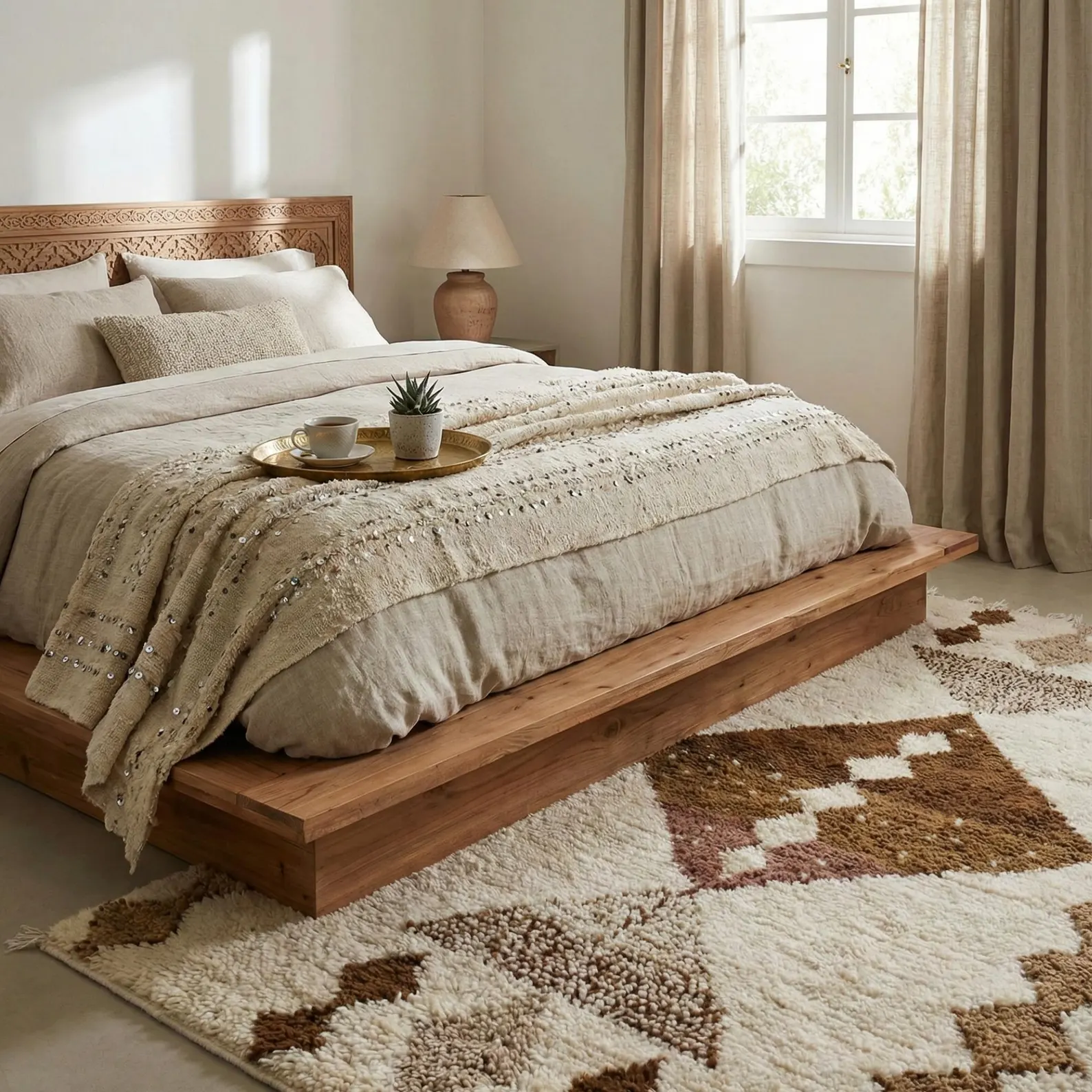Moroccan rug layered in a warm cozy bedroom