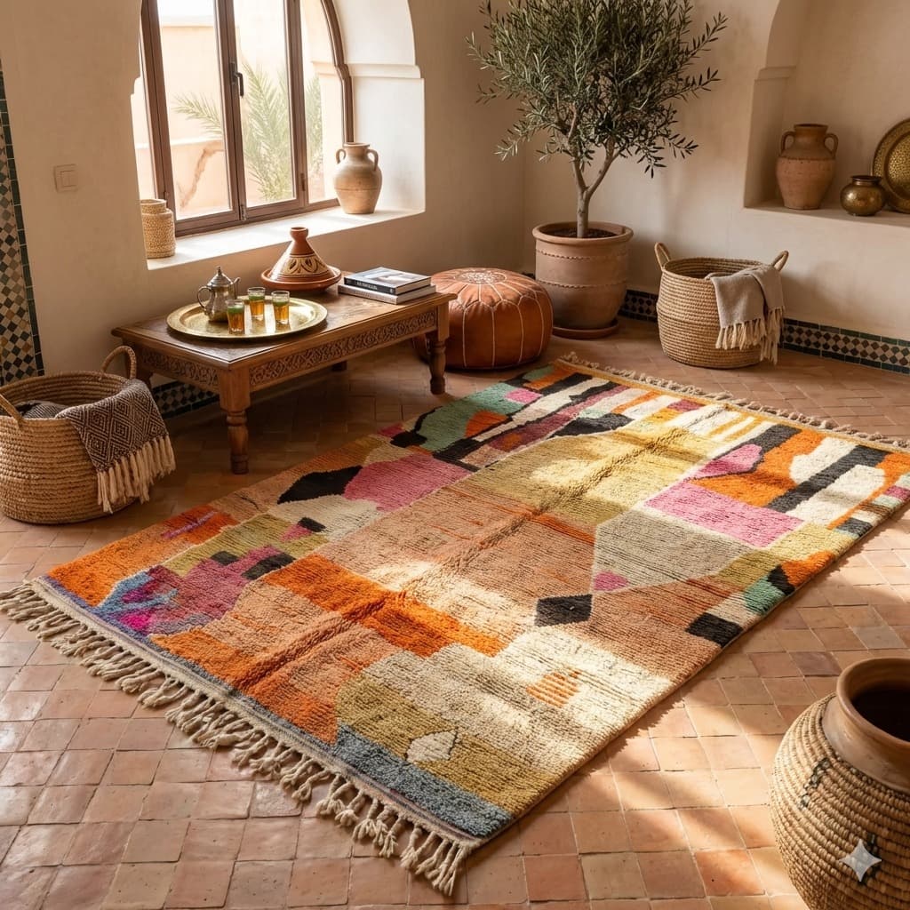 Azilal rug with abstract colorful patterns on cream wool