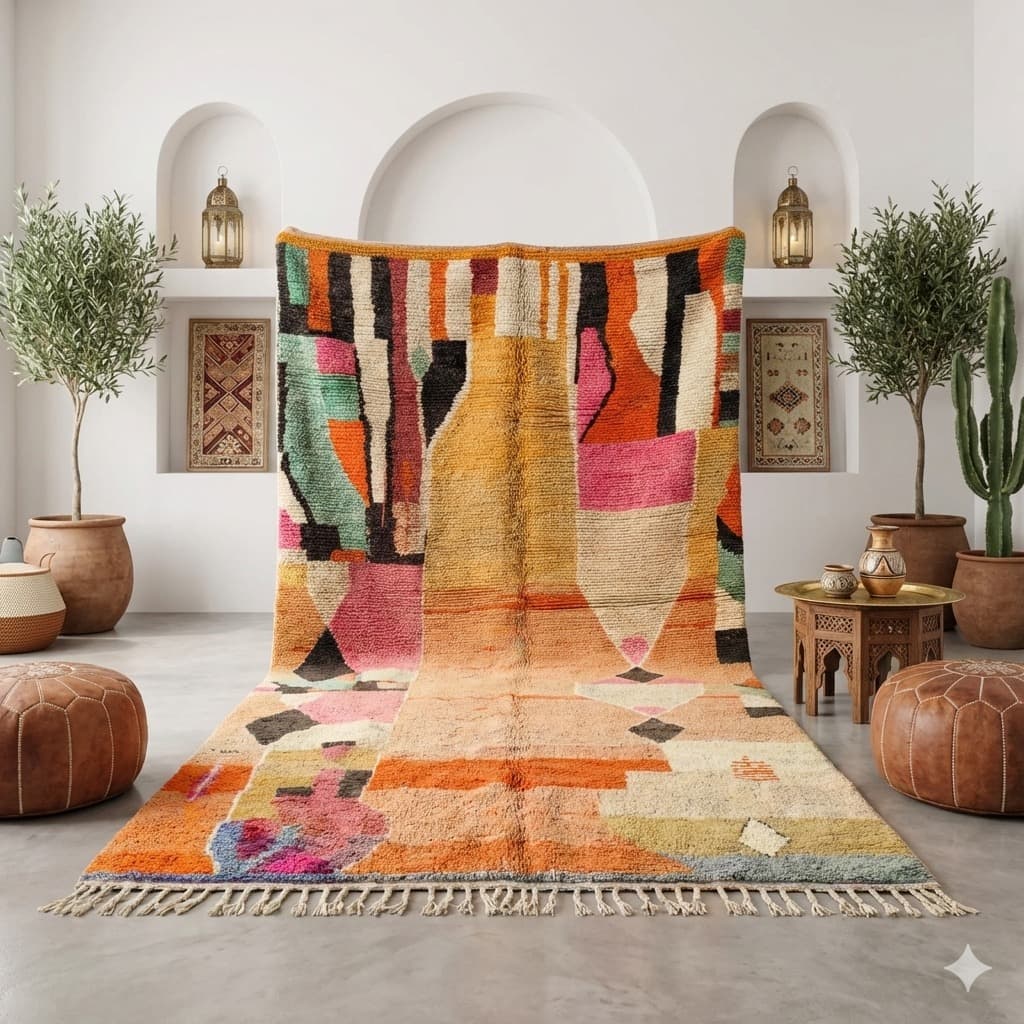 Modern Berber rug with terracotta and charcoal abstract pattern