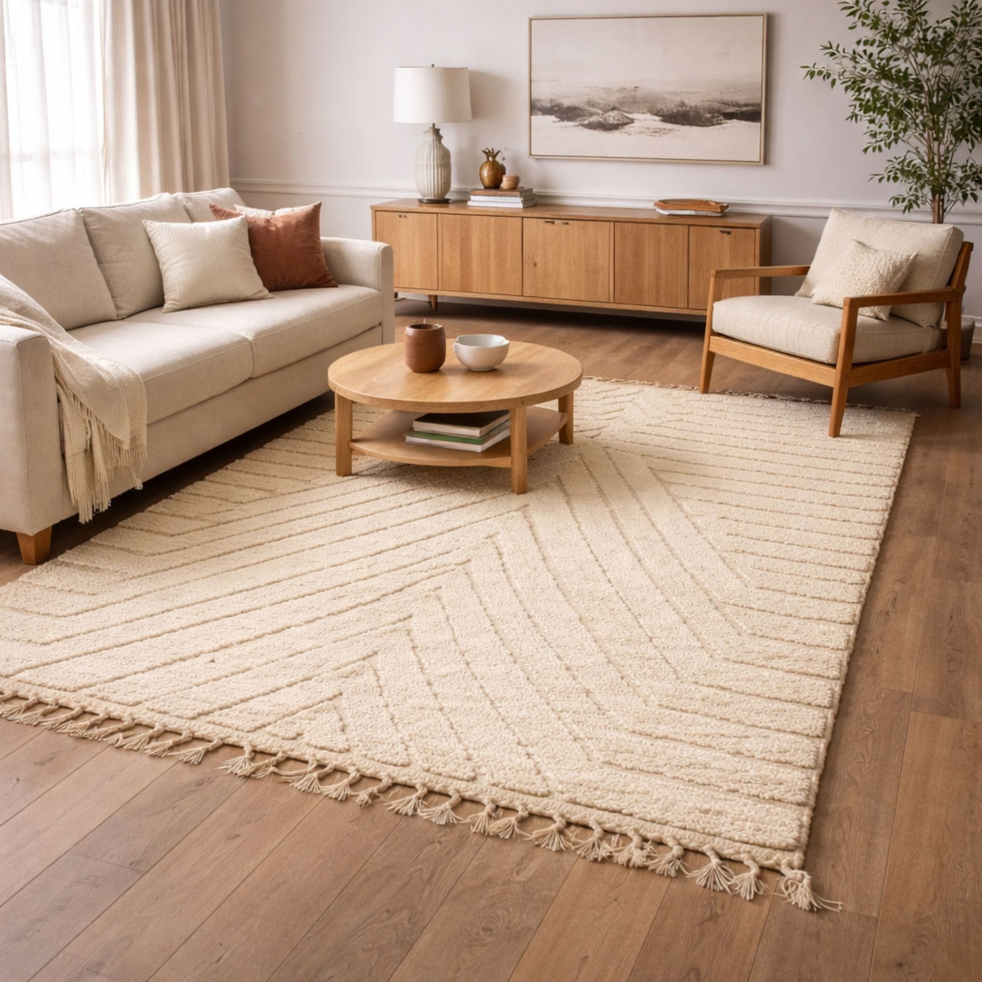 Modern Moroccan Area Rug - Nested Chevron Texture - Mrirt Moroccan rug in Ivory color, 183 x 274 cm