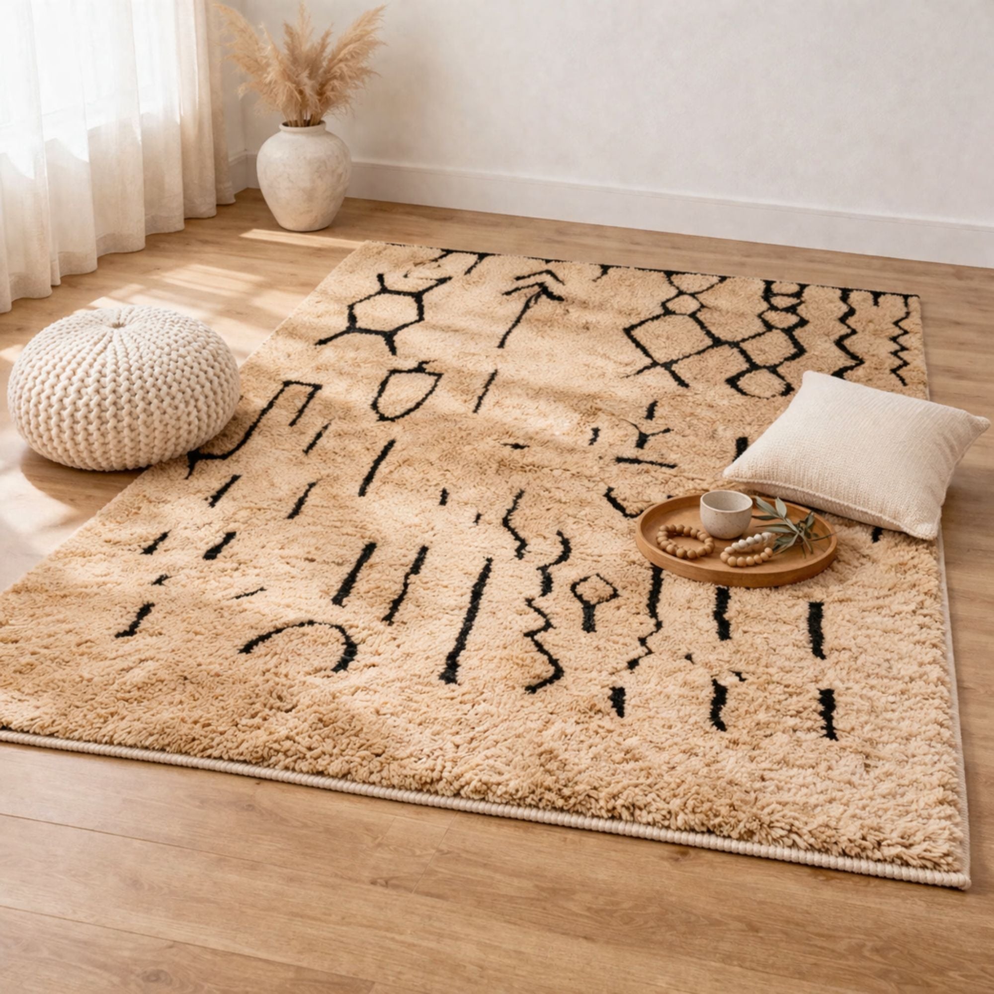 Handwoven Azilal Rug - Black Geometric Pattern - Hand-knotted Moroccan rug, front view showing Handwoven Azilal Rug - Black Geometric Pattern texture and colors