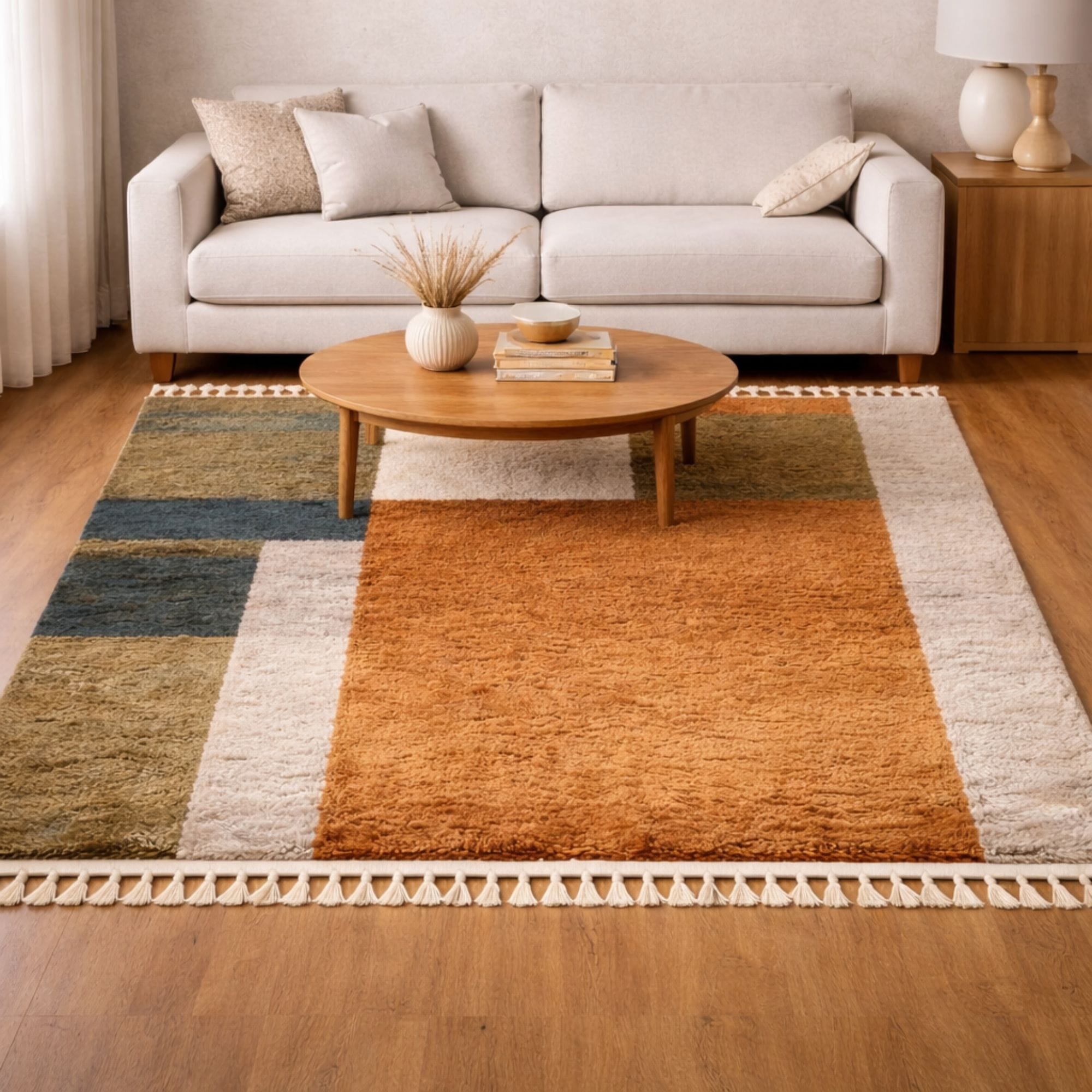 Modern Moroccan Area Rug - Rust and Olive Wool - Mrirt Moroccan rug in Terracotta color, 183 x 274 cm