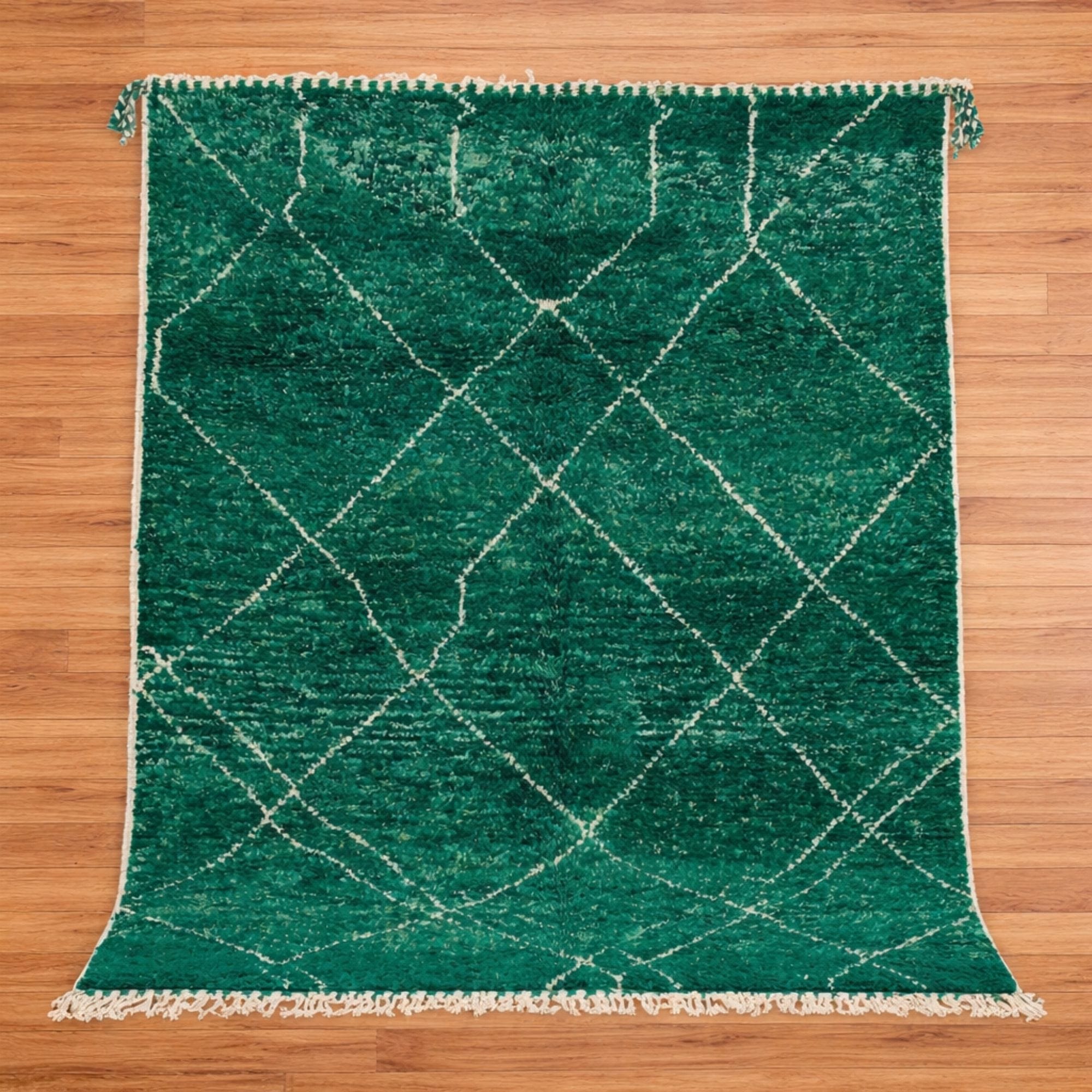 Emerald Green Beni Ourain Rug - Ivory Diamond Lattice - Beni Ourain Moroccan rug in Forest color, 244 x 305 cm