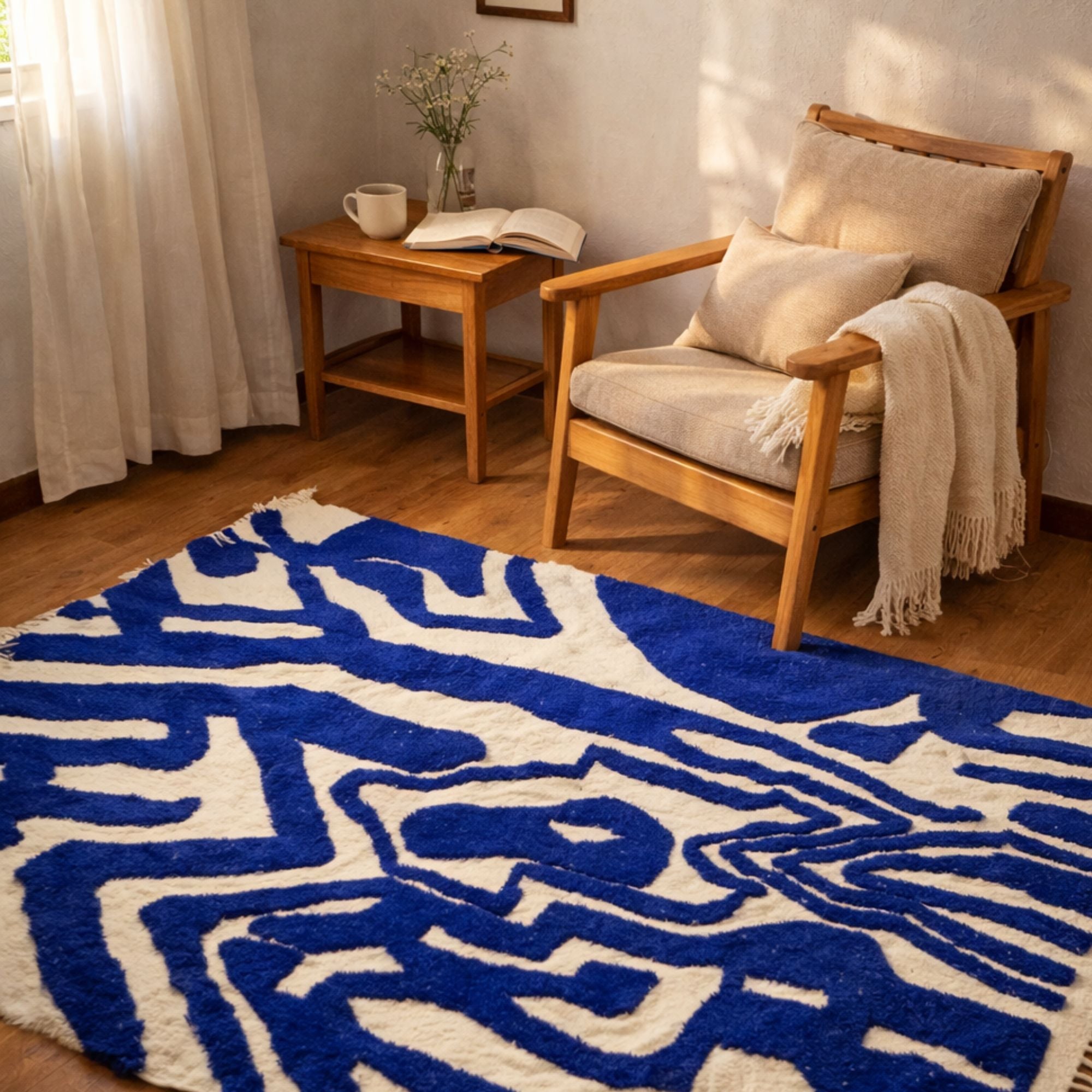 Cobalt Blue Azilal Rug - Abstract Moroccan Wool - Hand-knotted Moroccan rug, front view showing Cobalt Blue Azilal Rug - Abstract Moroccan Wool texture and colors