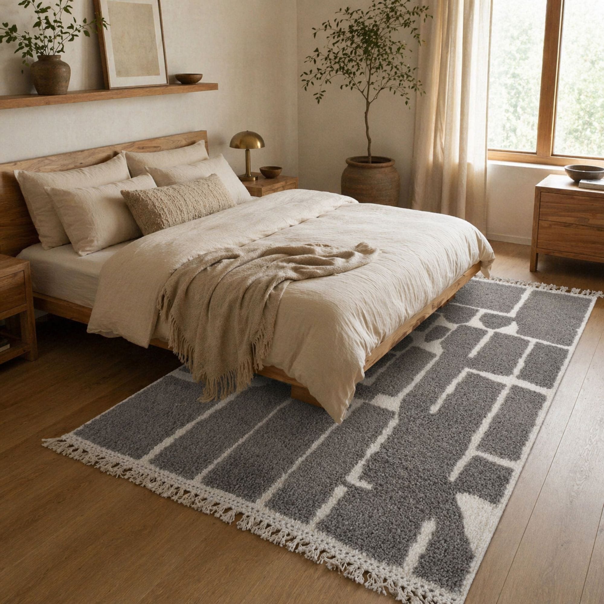 Handwoven Mrirt Rug - Plush Geometric Panels - Mrirt Moroccan rug in Sand color, 183 x 274 cm