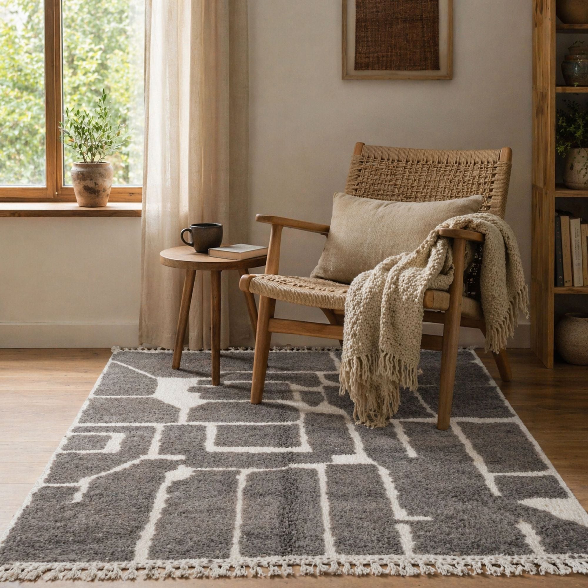 Modern Moroccan Area Rug - Ivory Negative Space - Hand-knotted Moroccan rug, front view showing Modern Moroccan Area Rug - Ivory Negative Space texture and colors