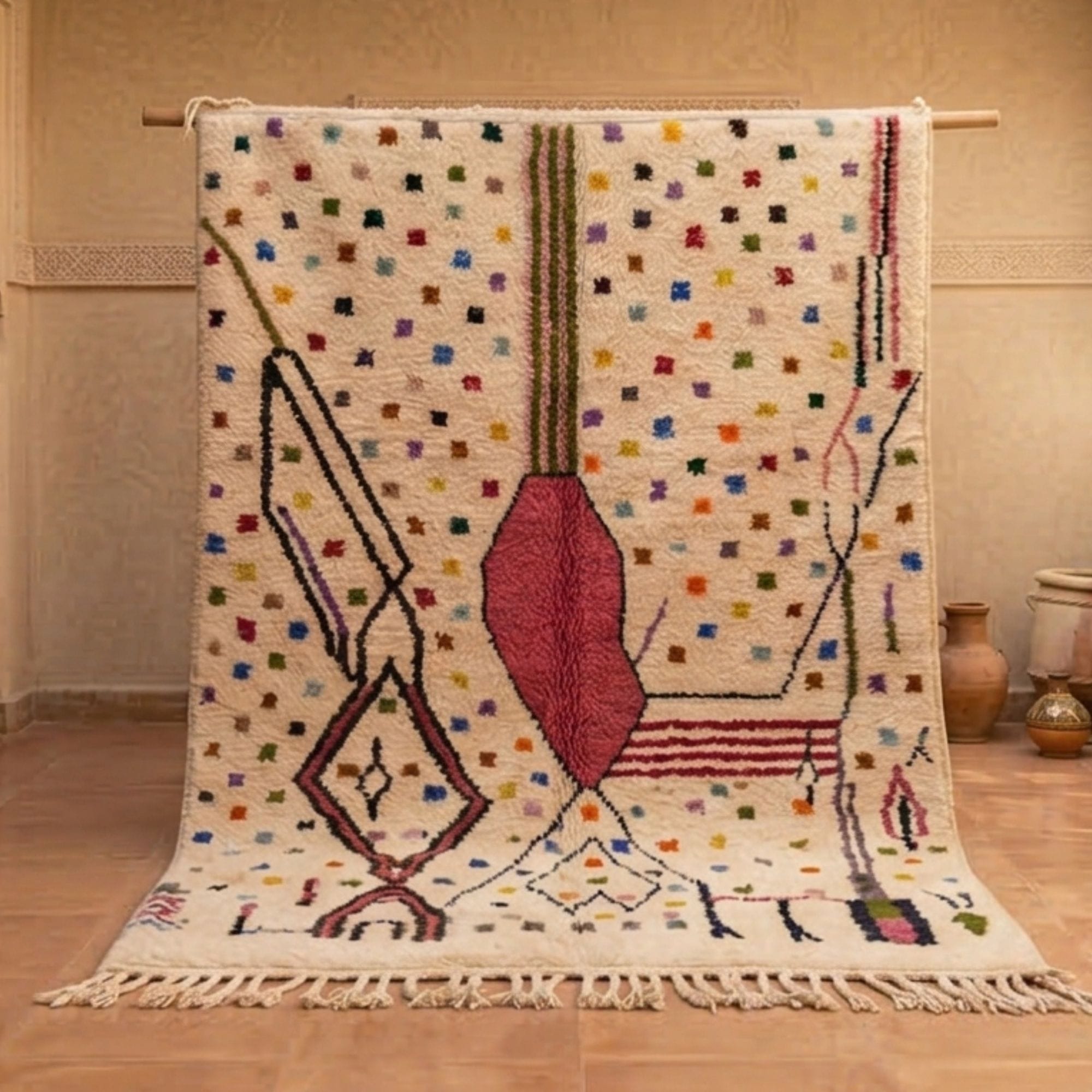 Handmade Moroccan Azilal Rug - Authentic Wool Rug - Azilal Moroccan rug in Ivory color, 244 x 305 cm