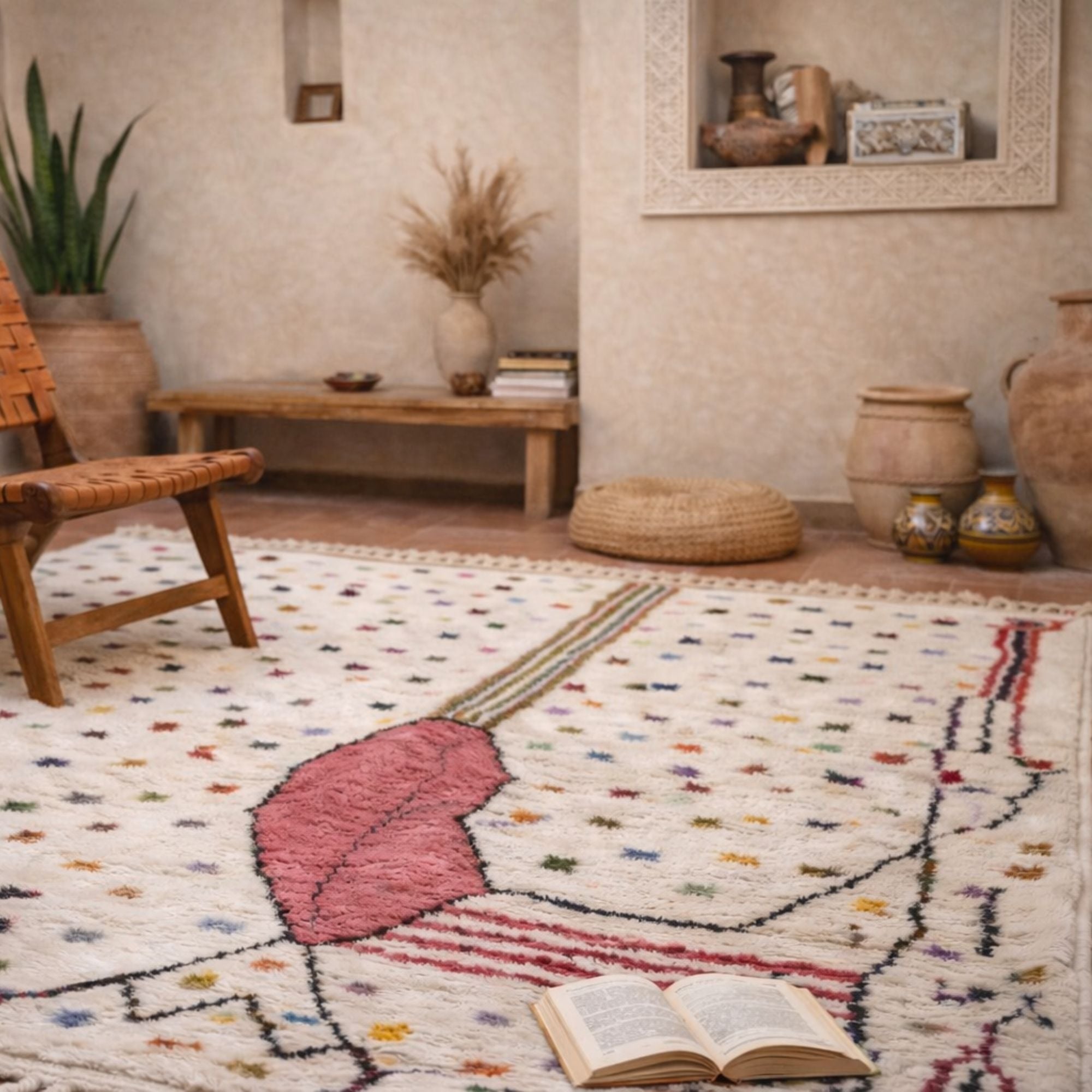 Azilal Wool Rug — Ivory Large — Hand-Knotted in Morocco - Hand-knotted Moroccan rug, front view showing Azilal Wool Rug — Ivory Large — Hand-Knotted in Morocco texture and colors