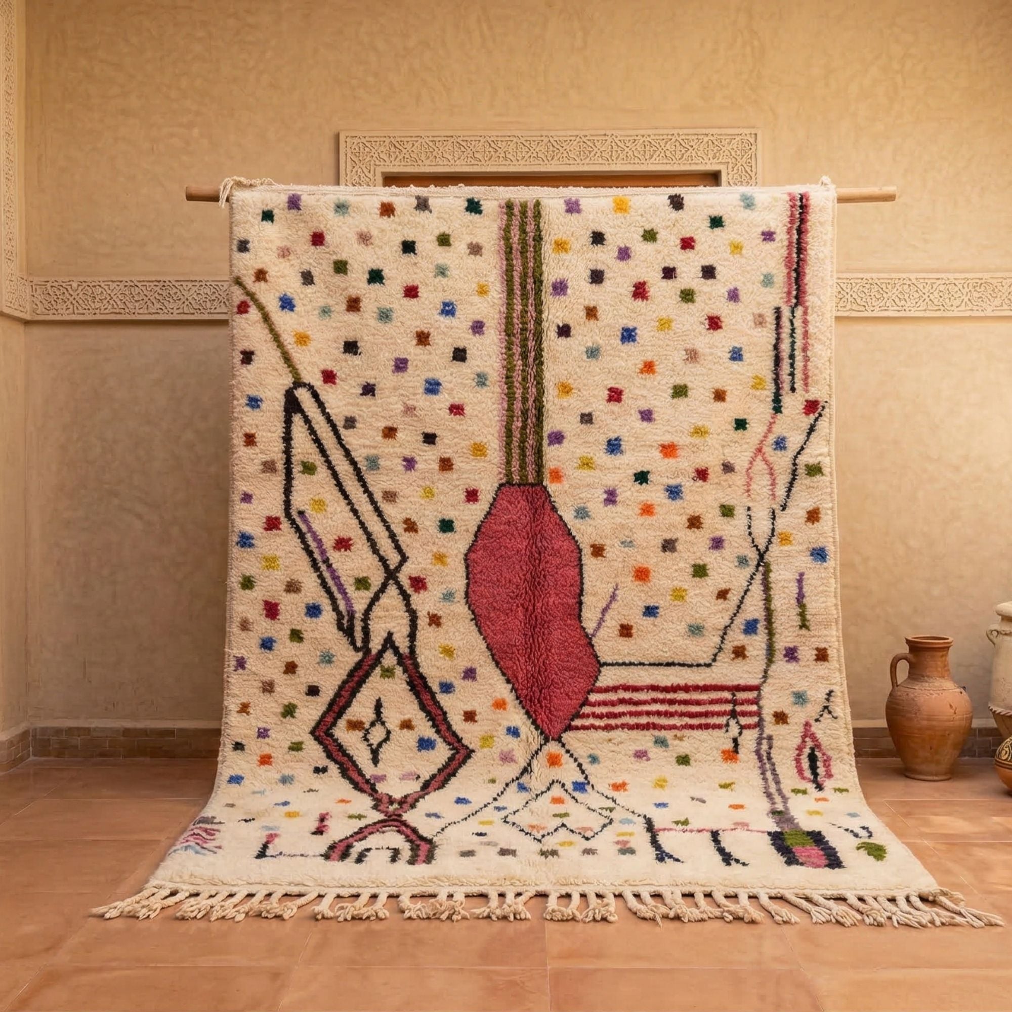 Traditional Medium Azilal — Ivory Hand-Knotted Wool Rug - Hand-knotted Moroccan rug, front view showing Traditional Medium Azilal — Ivory Hand-Knotted Wool Rug texture and colors
