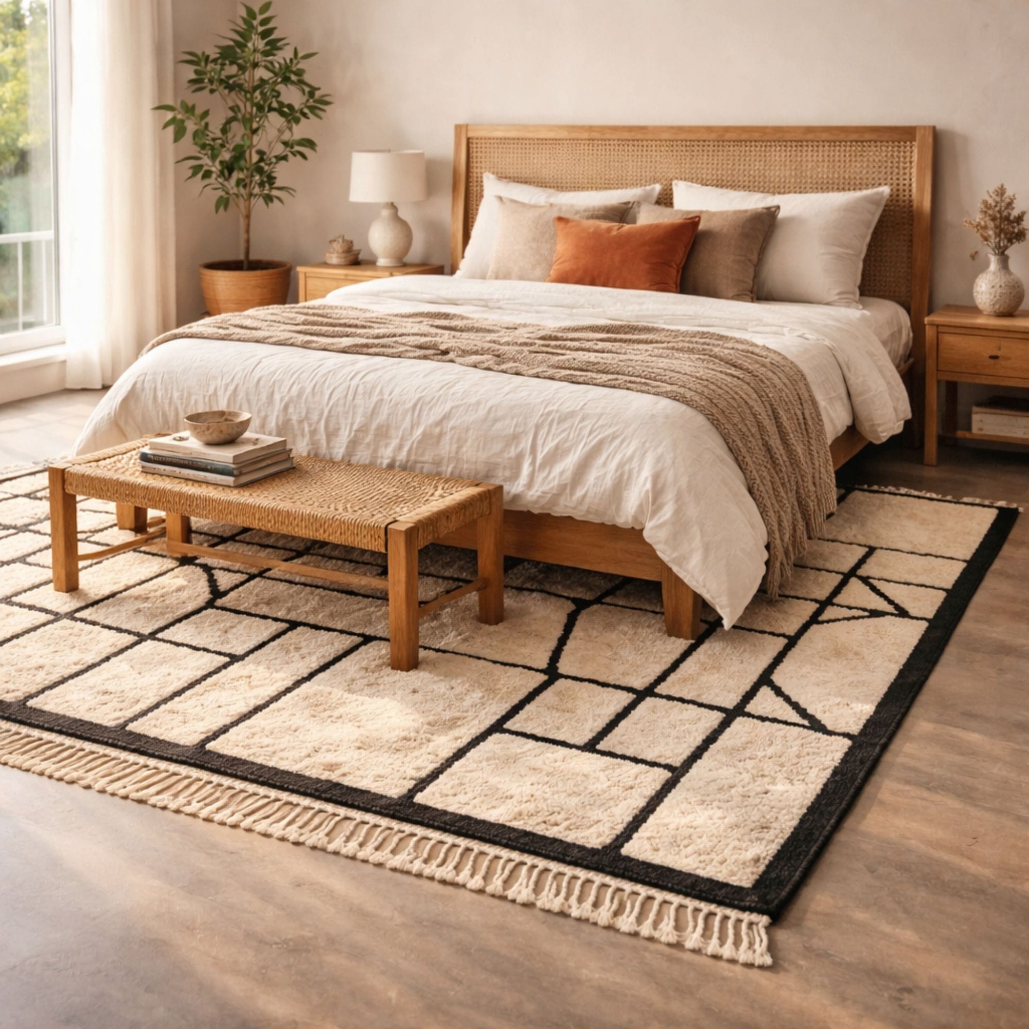Black and Cream Moroccan Rug - Handmade Mrirt Wool - Mrirt Moroccan rug in Ivory color, 244 x 305 cm