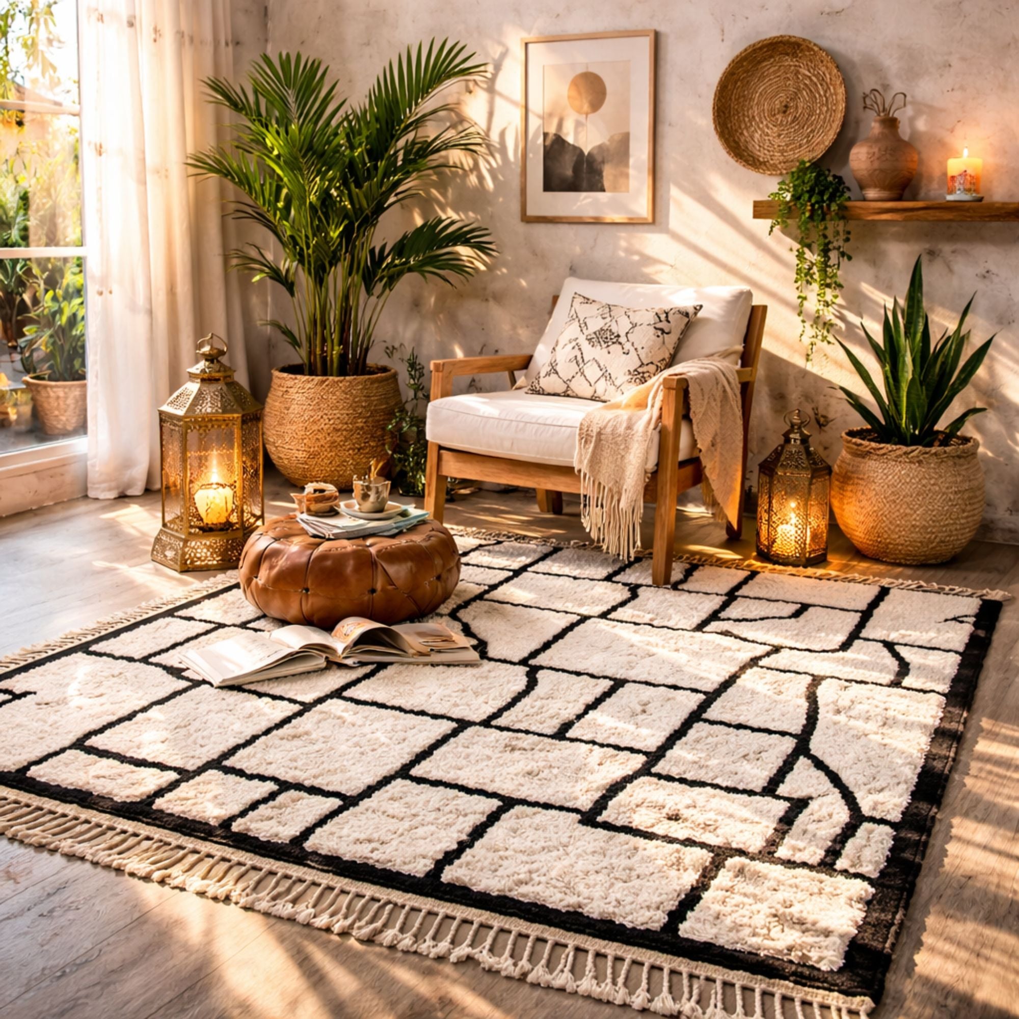 Moroccan Mrirt Rug — Large Ivory — Hand-Knotted Wool - Hand-knotted Moroccan rug, front view showing Moroccan Mrirt Rug — Large Ivory — Hand-Knotted Wool texture and colors