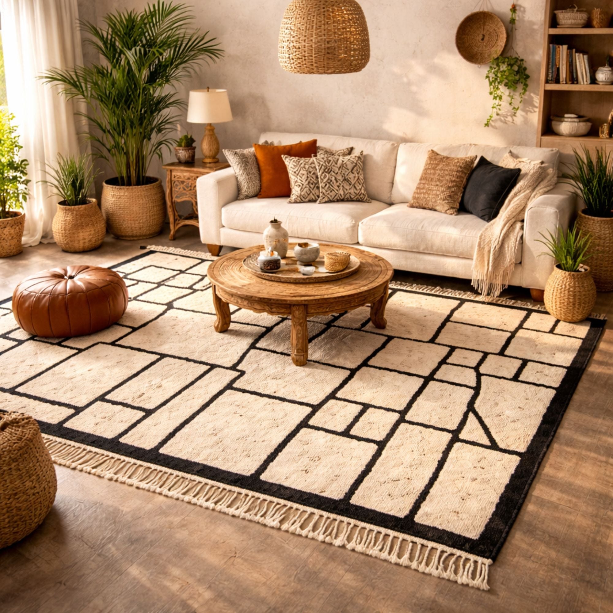 Hand-Knotted Ivory Mrirt Wool Rug — Medium for Studio - Hand-knotted Moroccan rug, front view showing Hand-Knotted Ivory Mrirt Wool Rug — Medium for Studio texture and colors
