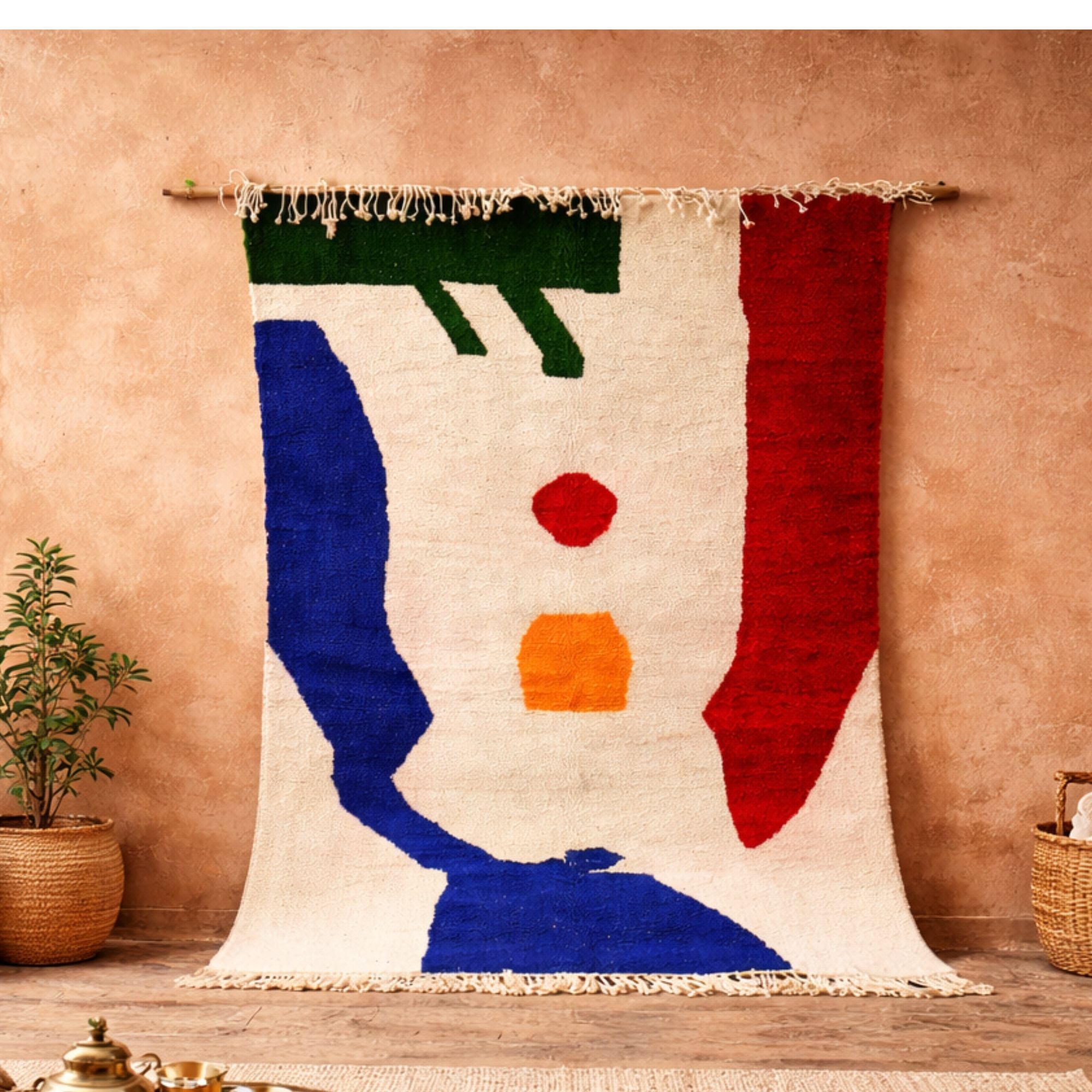 Azilal Wool Rug — Ivory Large — Hand-Knotted in Morocco - Hand-knotted Moroccan rug, front view showing Azilal Wool Rug — Ivory Large — Hand-Knotted in Morocco texture and colors