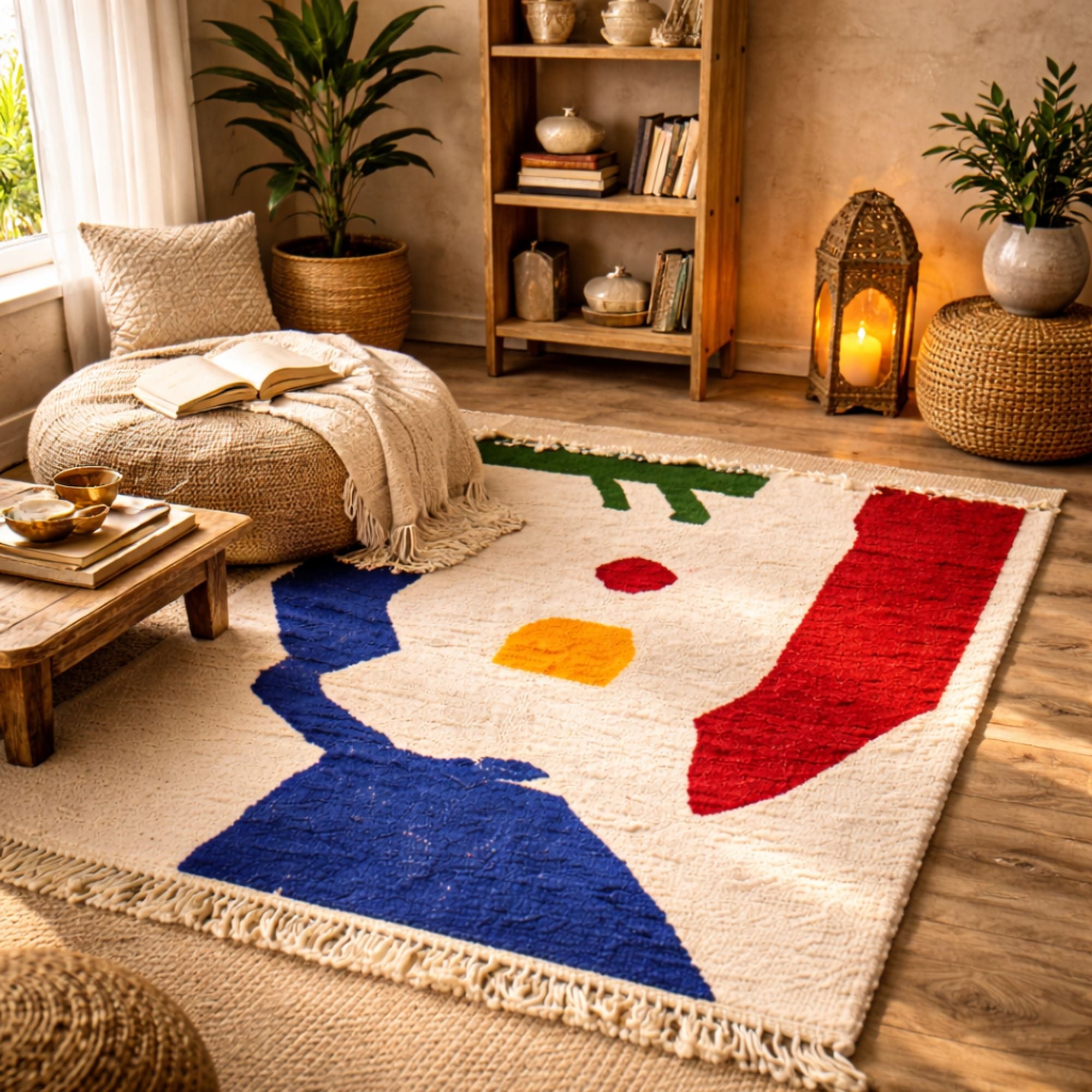 Hand-Knotted Ivory Azilal Wool Rug — Medium for Studio - Hand-knotted Moroccan rug, front view showing Hand-Knotted Ivory Azilal Wool Rug — Medium for Studio texture and colors