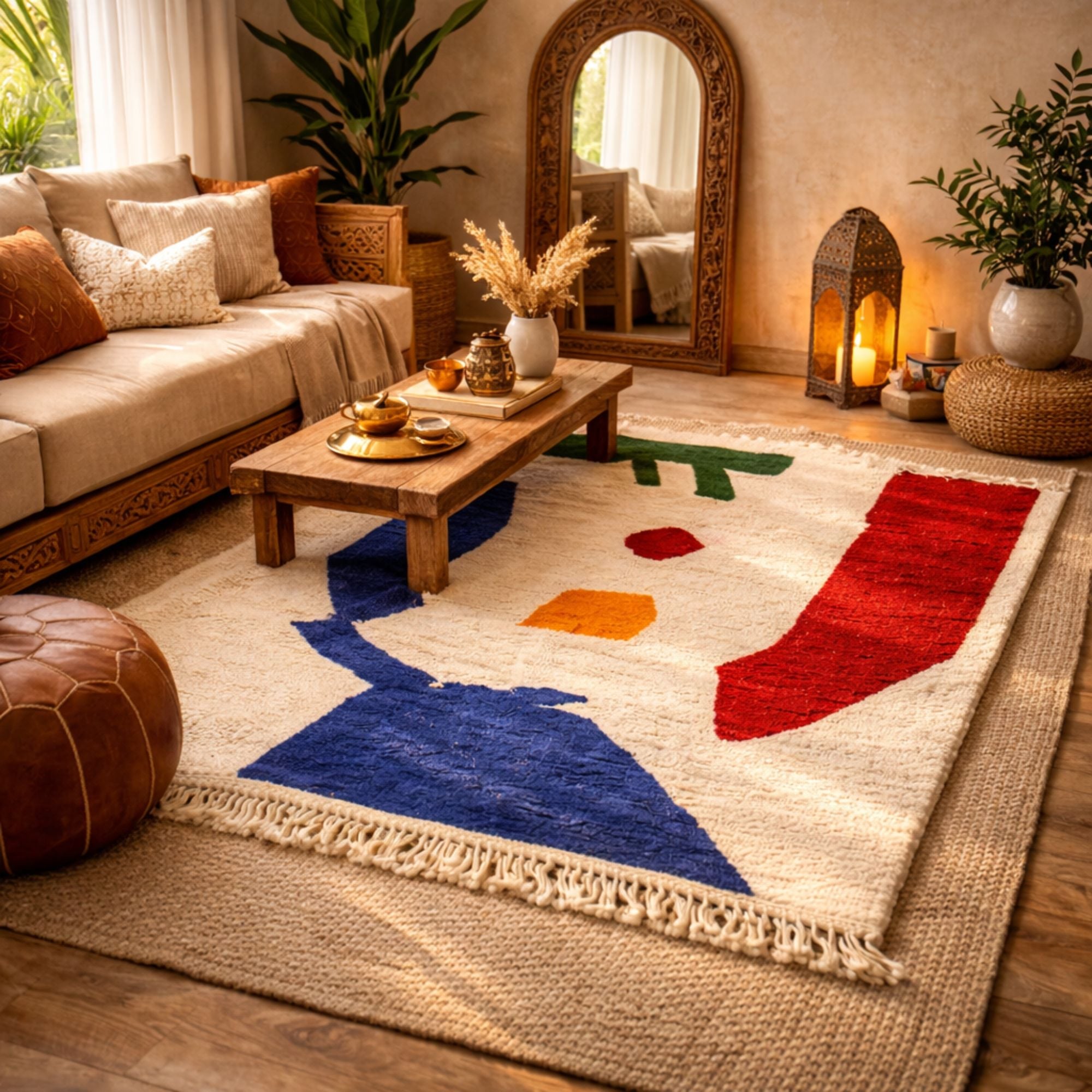 Traditional Medium Azilal — Ivory Hand-Knotted Wool Rug - Hand-knotted Moroccan rug, front view showing Traditional Medium Azilal — Ivory Hand-Knotted Wool Rug texture and colors
