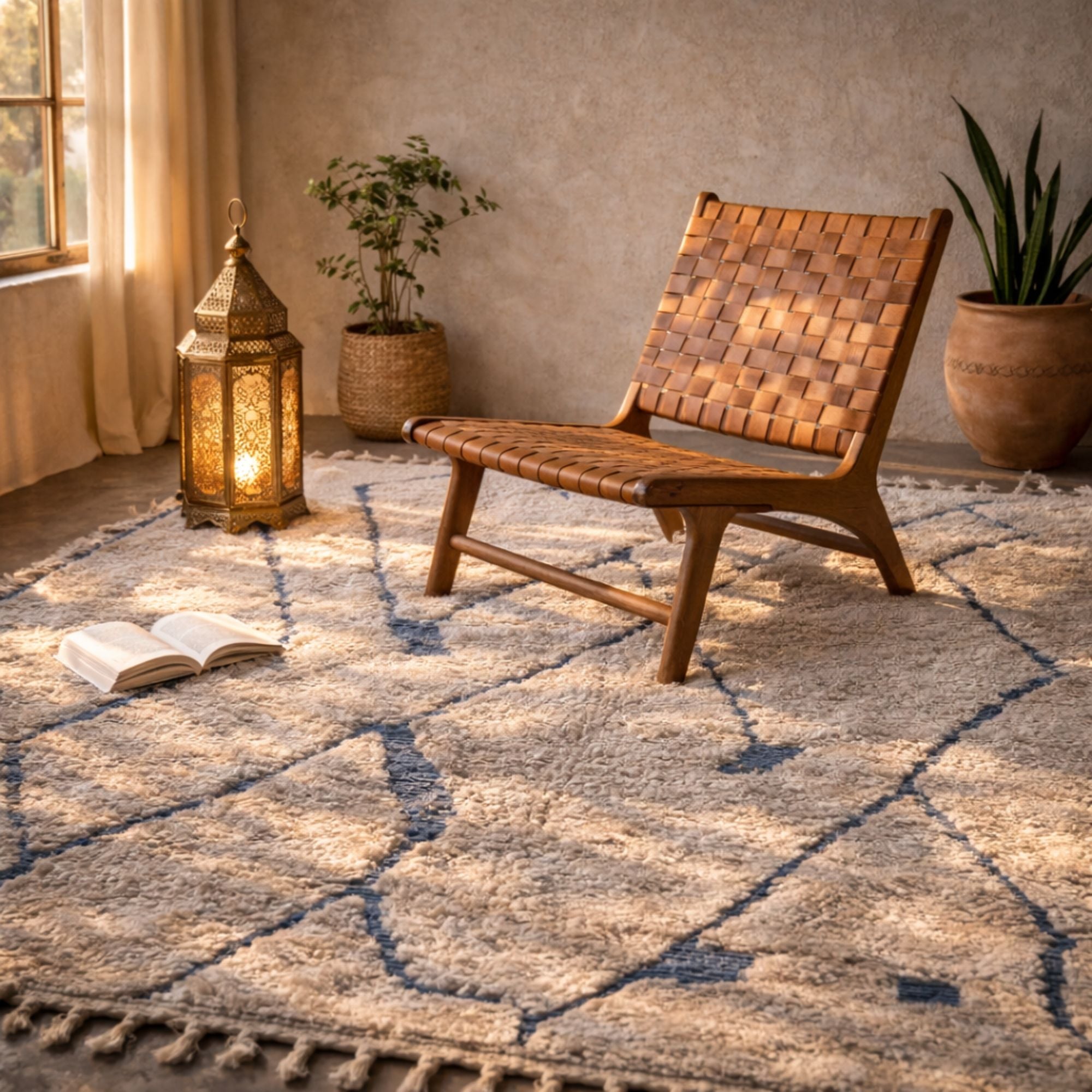 Azilal Wool Rug — Ivory Large — Hand-Knotted in Morocco - Hand-knotted Moroccan rug, front view showing Azilal Wool Rug — Ivory Large — Hand-Knotted in Morocco texture and colors